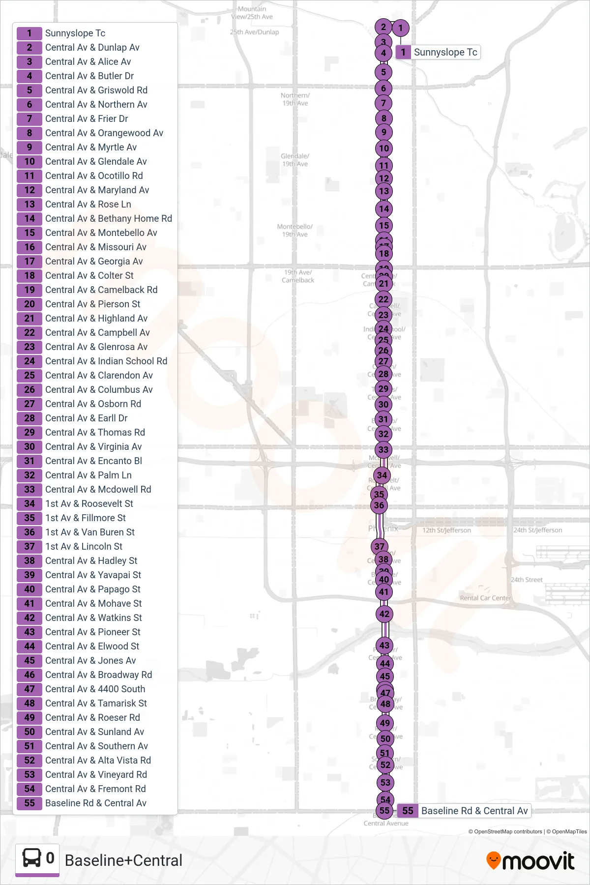 0 bus Line (Baseline+Central) route and stops on a map