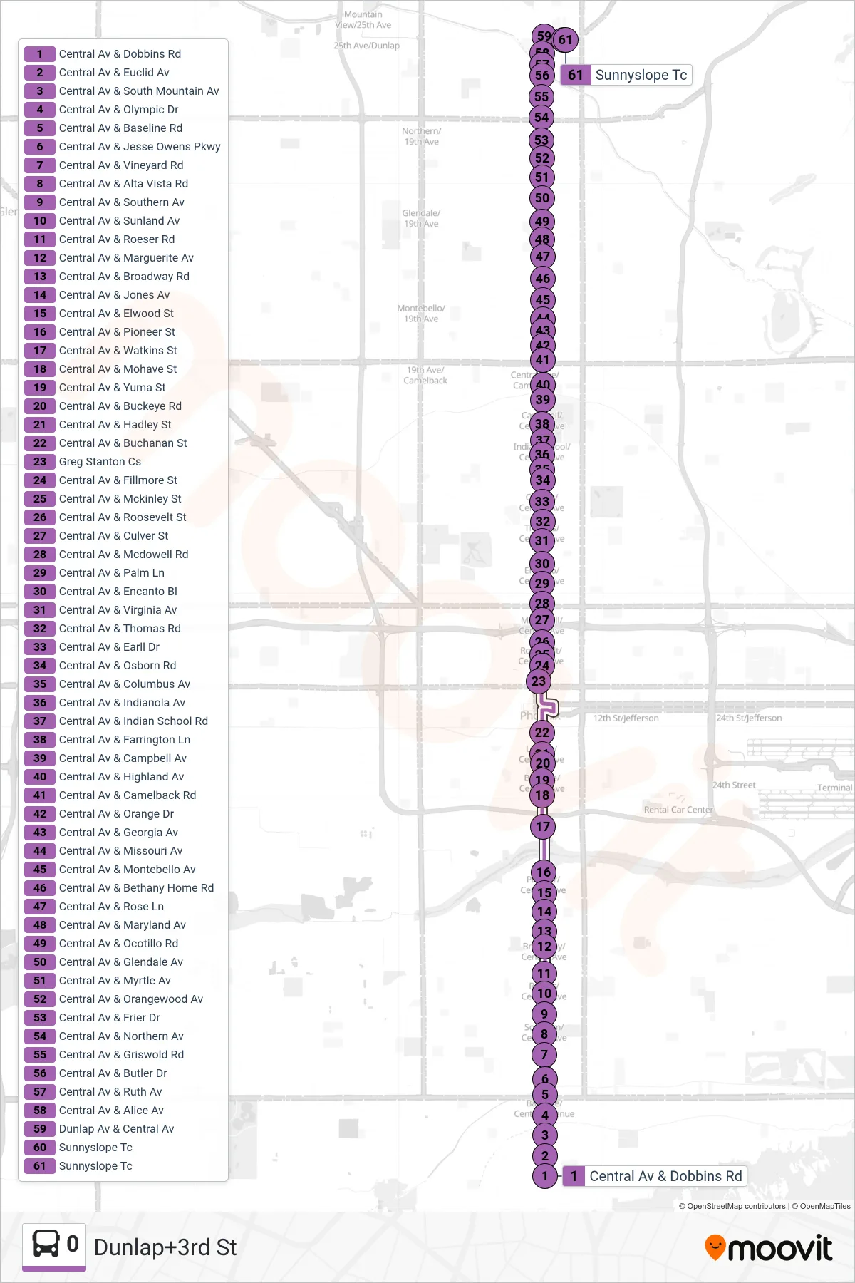 0 bus Line (Dunlap+3rd St) route and stops on a map