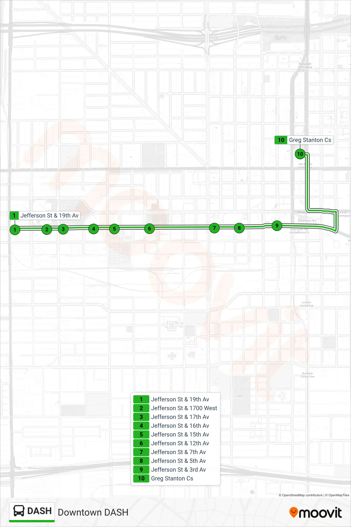 DASH bus Line (Greg Stanton Cs) route and stops on a map