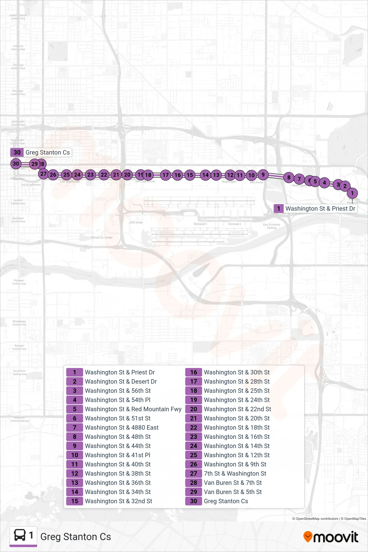 1 bus Line (Greg Stanton Cs) route and stops on a map