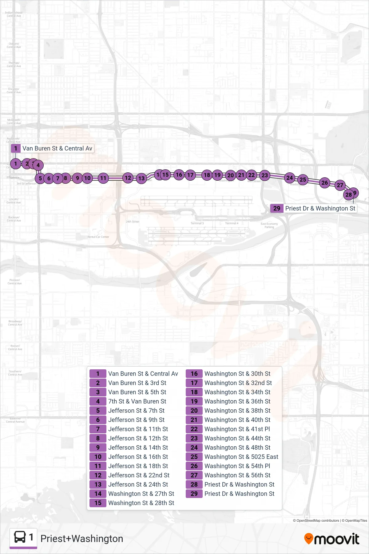 1 bus Line (Priest+Washington) route and stops on a map