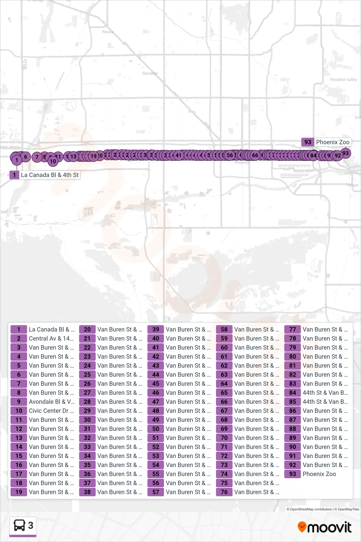 3 bus Line (Eastbound) route and stops on a map