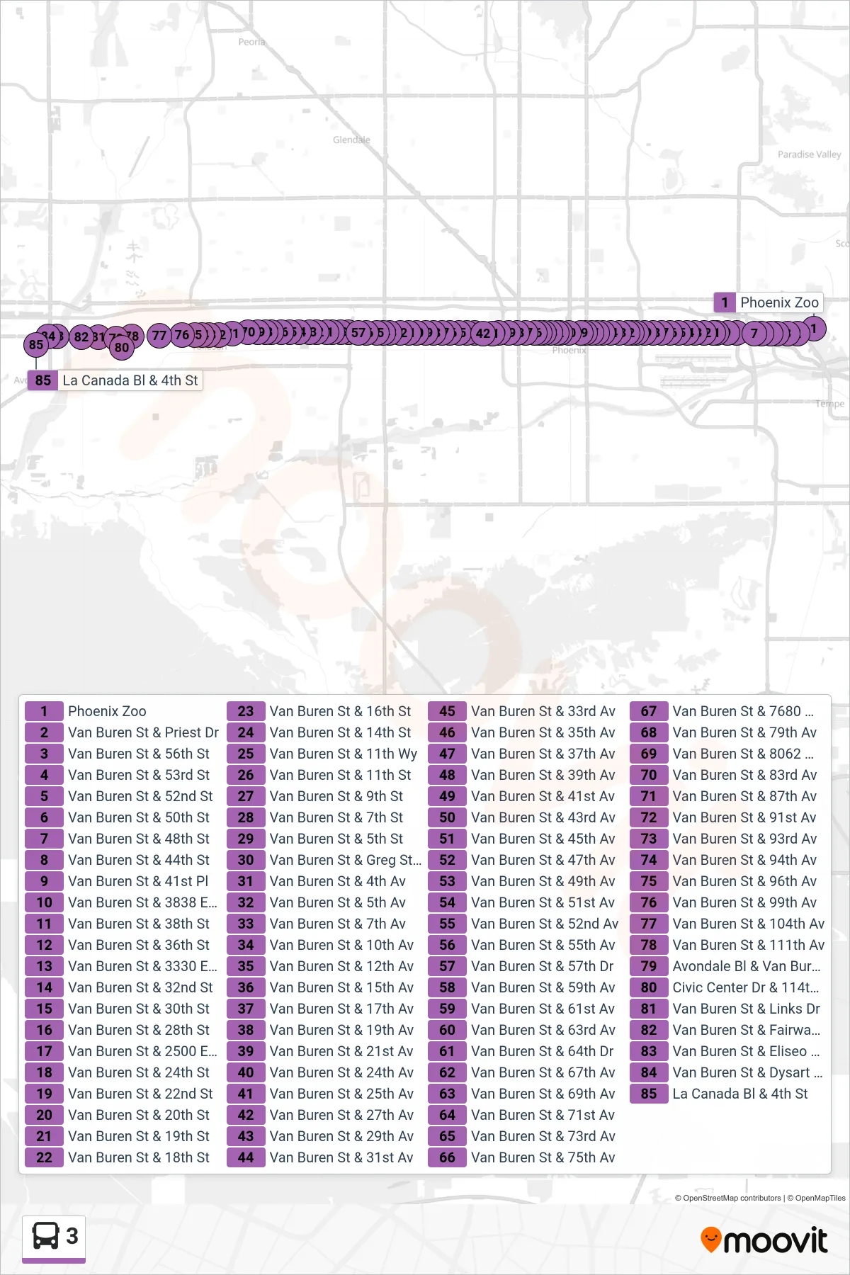 3 bus Line (Westbound) route and stops on a map
