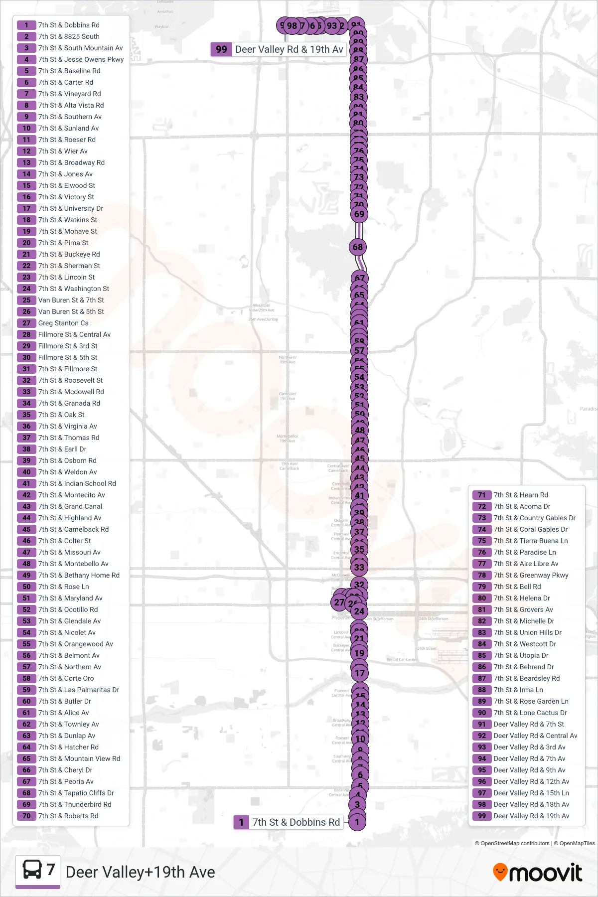 7 bus Line (Deer Valley+19th Ave) route and stops on a map
