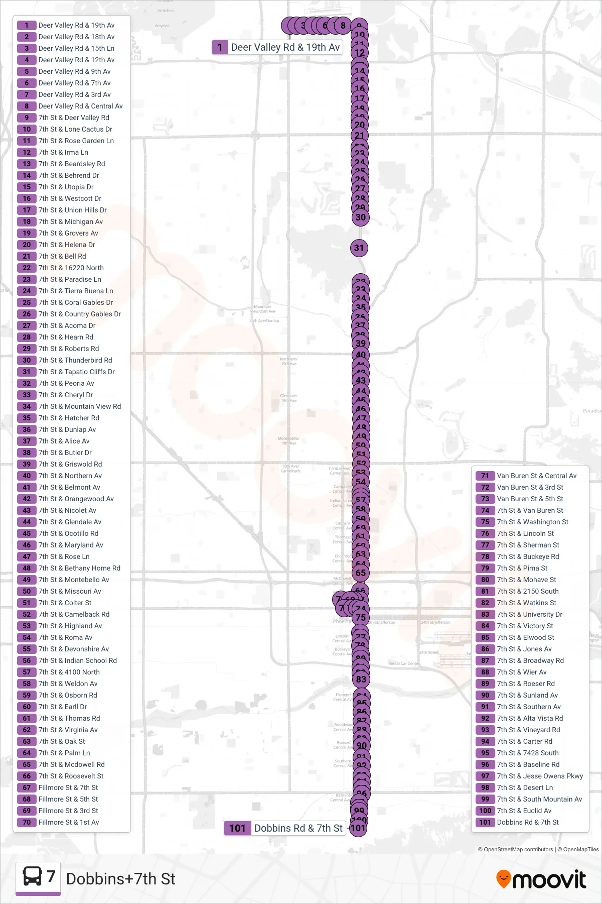 7 bus Line (Dobbins+7th St) route and stops on a map