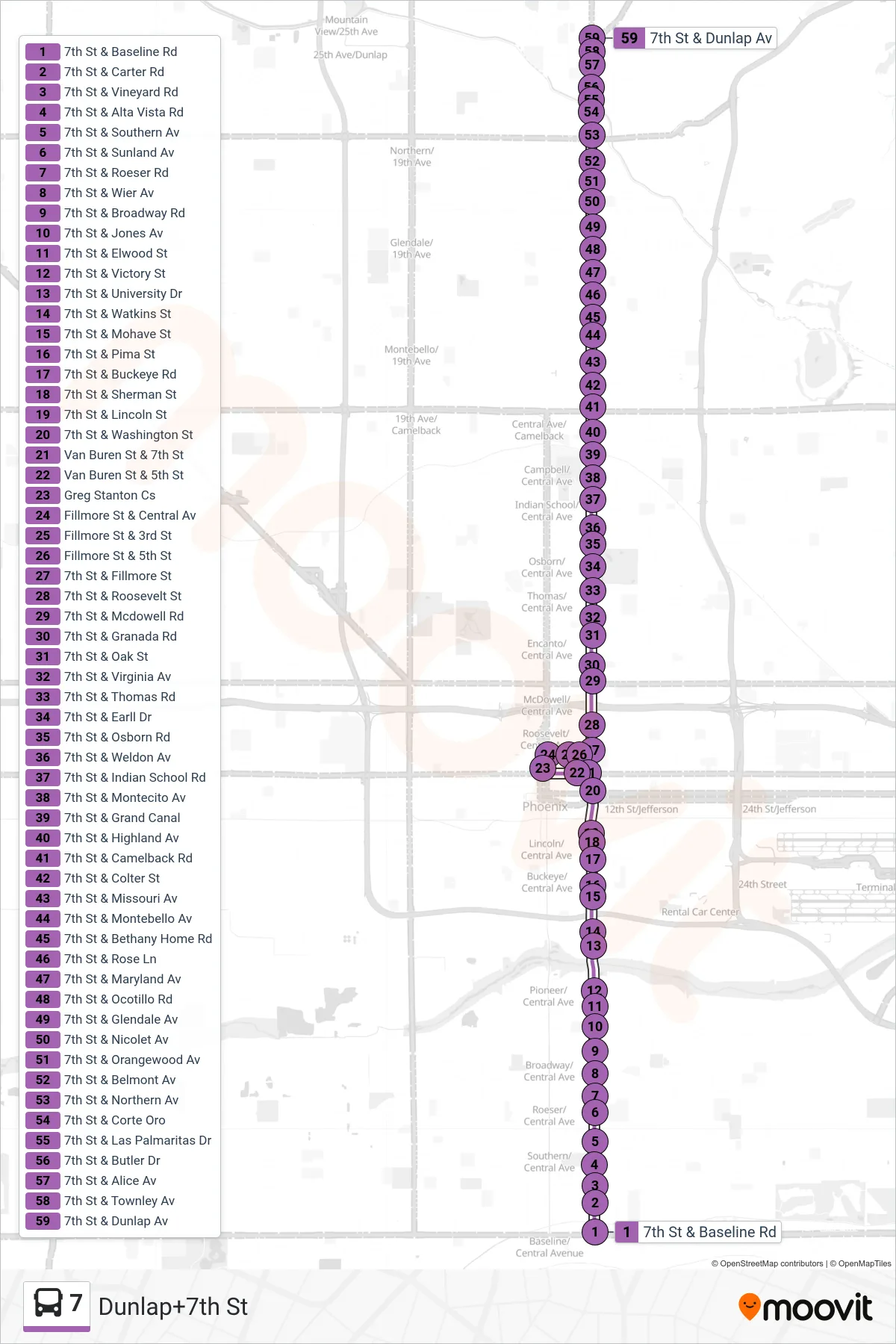 7 bus Line (Dunlap+7th St) route and stops on a map