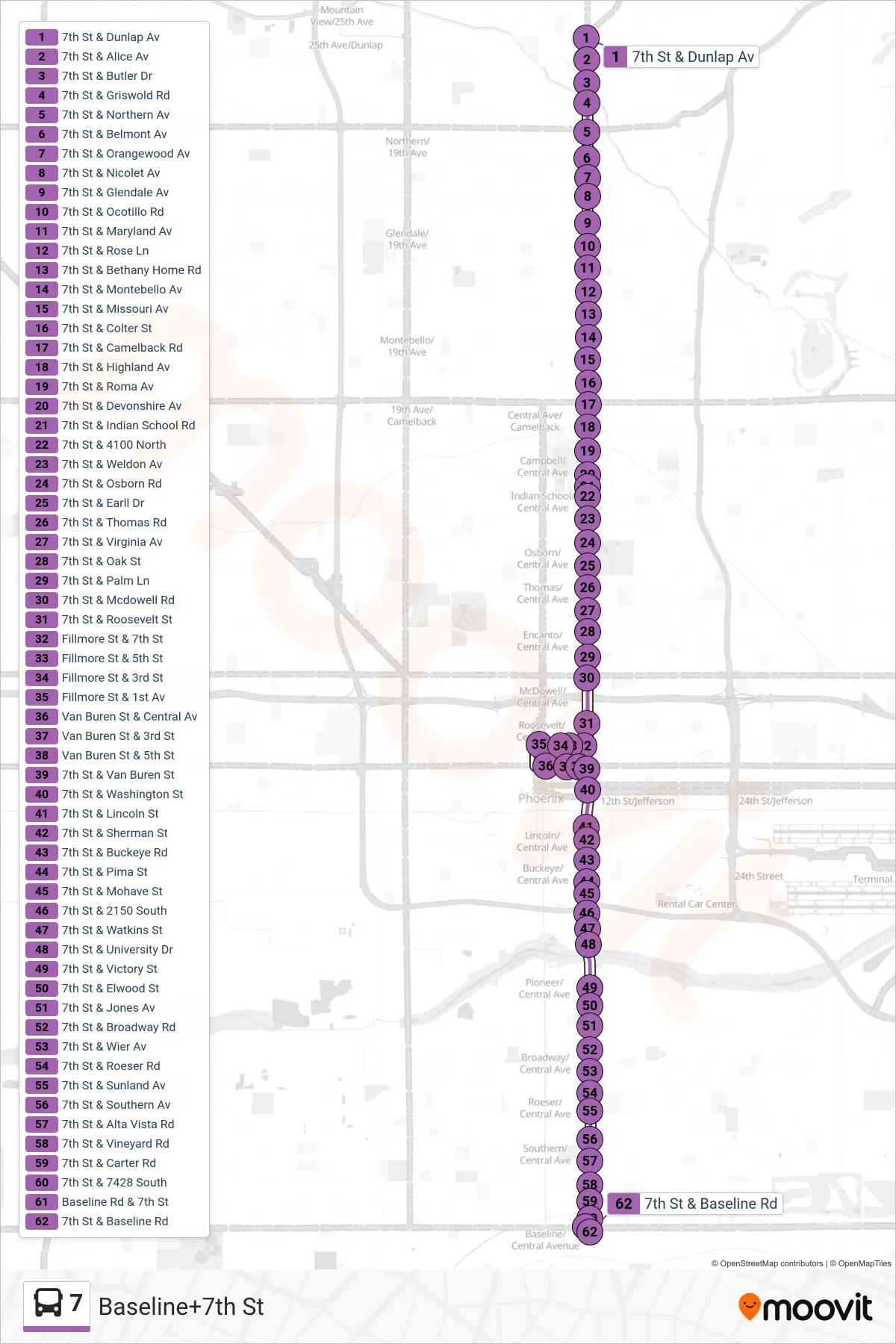 7 bus Line (Baseline+7th St) route and stops on a map