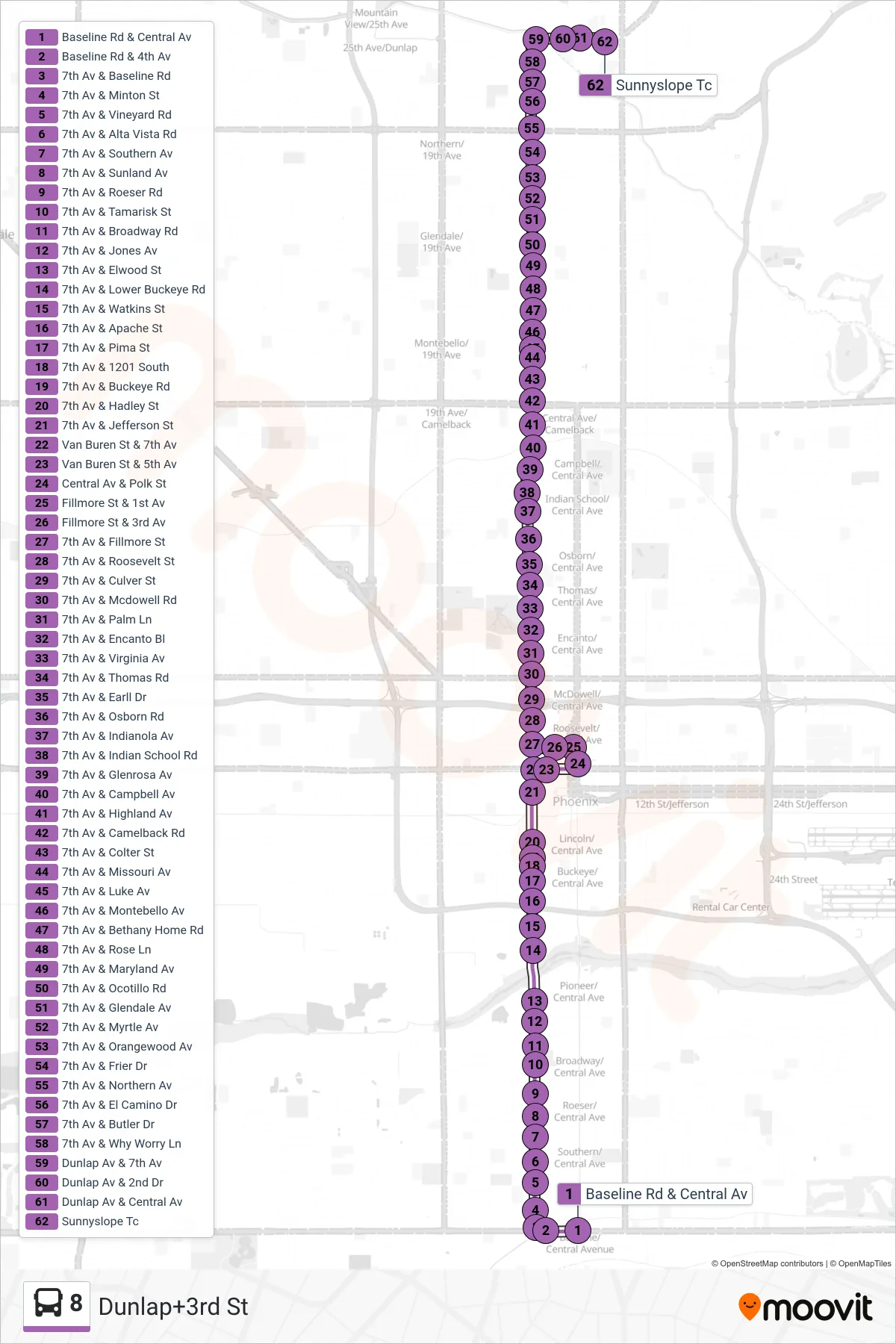 8 bus Line (Dunlap+3rd St) route and stops on a map