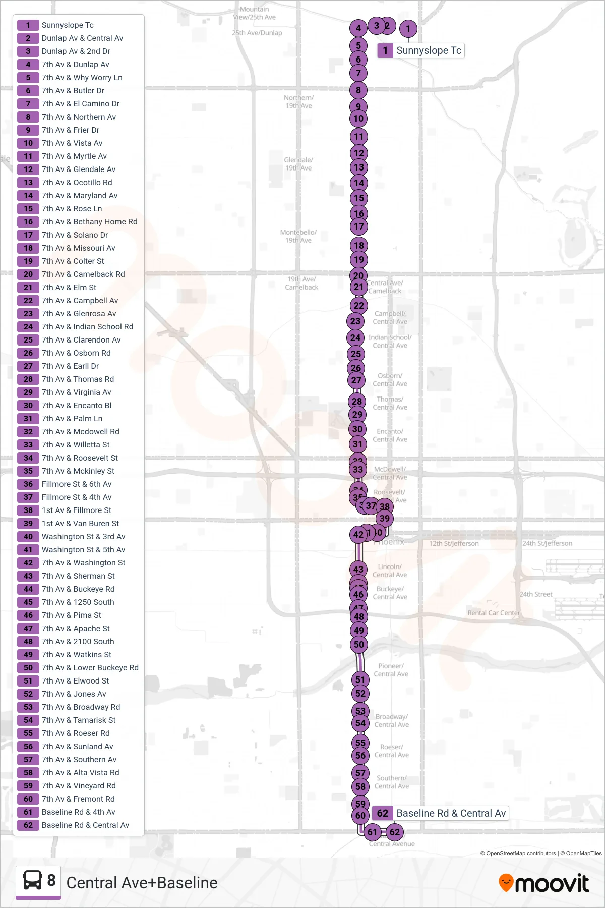 8 bus Line (Central Ave+Baseline) route and stops on a map