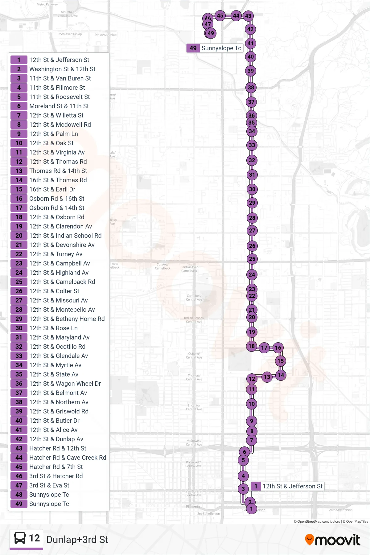 12 bus Line (Dunlap+3rd St) route and stops on a map