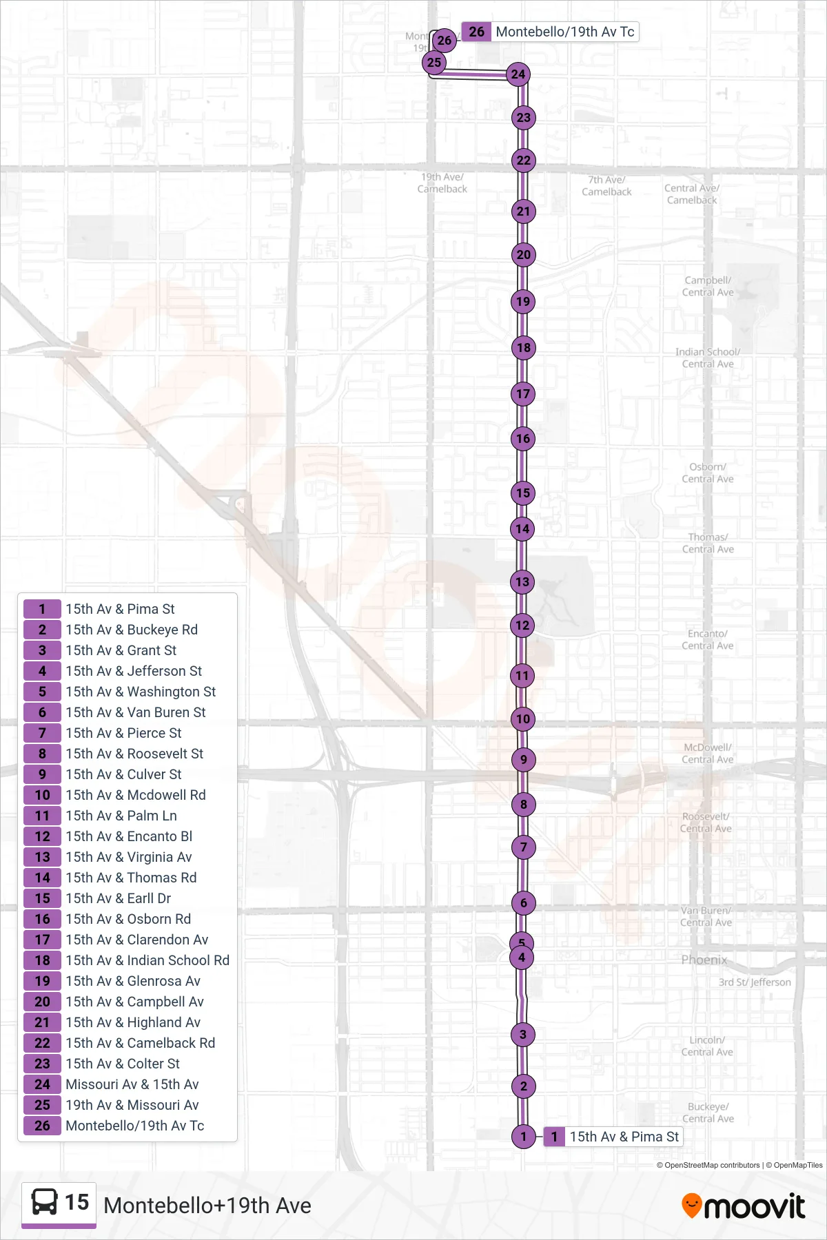 15 bus Line (Montebello+19th Ave) route and stops on a map