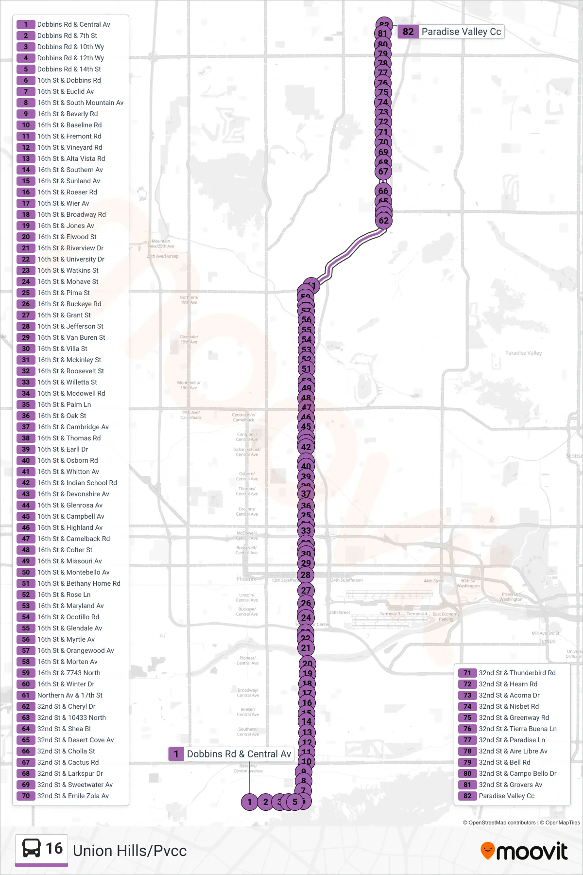16 bus Line (Union Hills/Pvcc) route and stops on a map