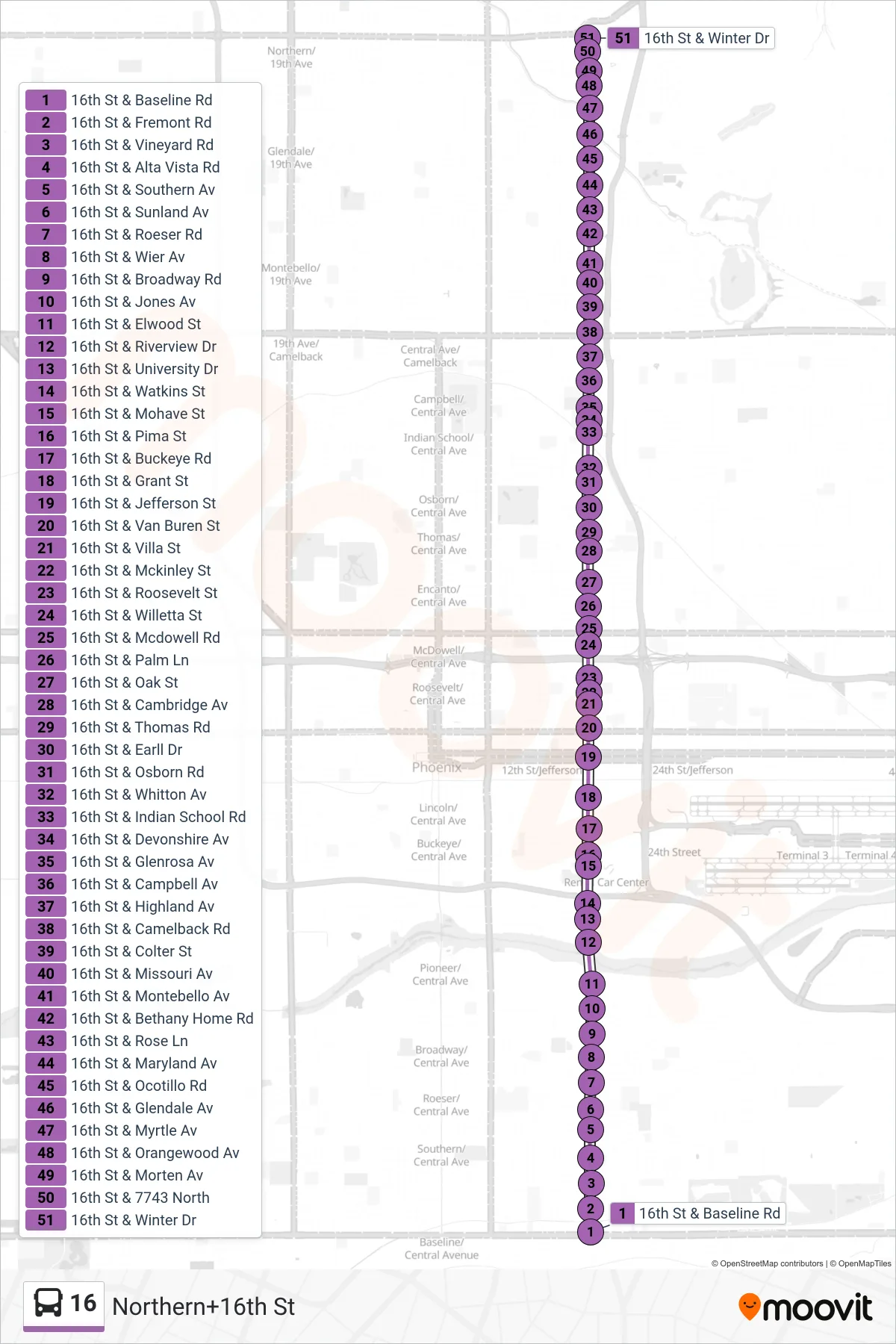 16 bus Line (Northern+16th St) route and stops on a map