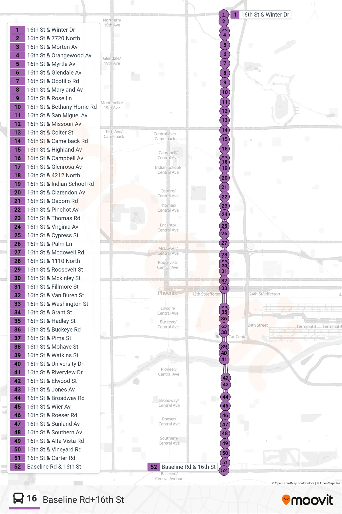 16 bus Line (Baseline Rd+16th St) route and stops on a map