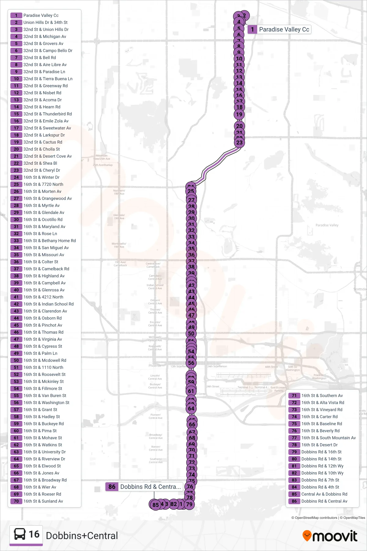 16 bus Line (Dobbins+Central) route and stops on a map