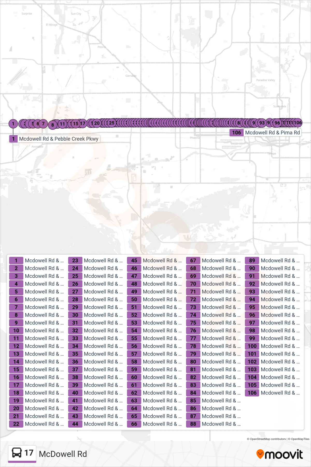 17 bus Line (Pima Rd+Mcdowell) route and stops on a map
