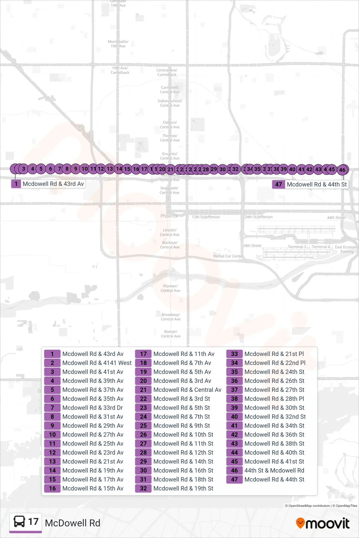 17 bus Line (44th St+Mcdowell) route and stops on a map