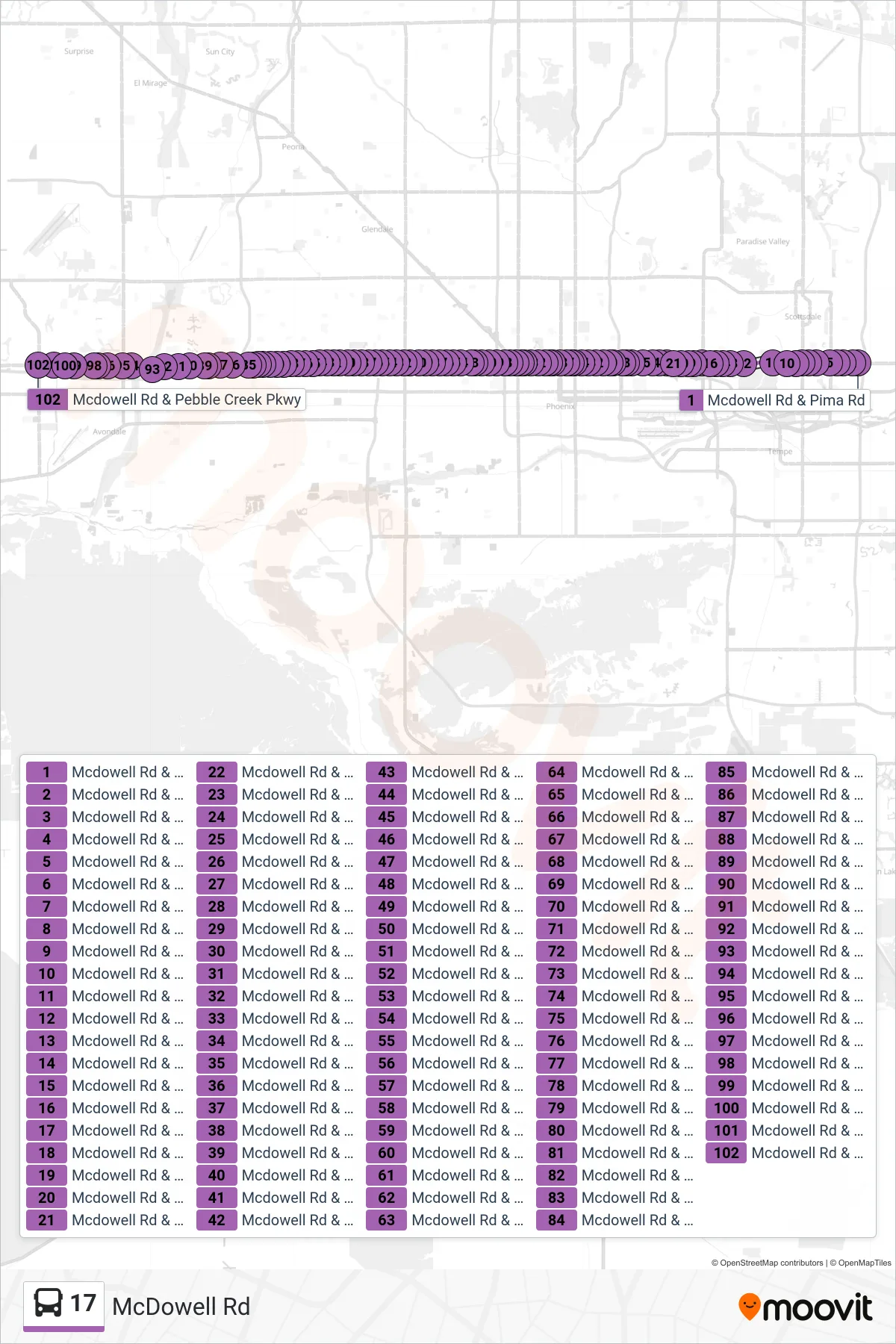 17 bus Line (Pebble Creek+Mcdowell) route and stops on a map