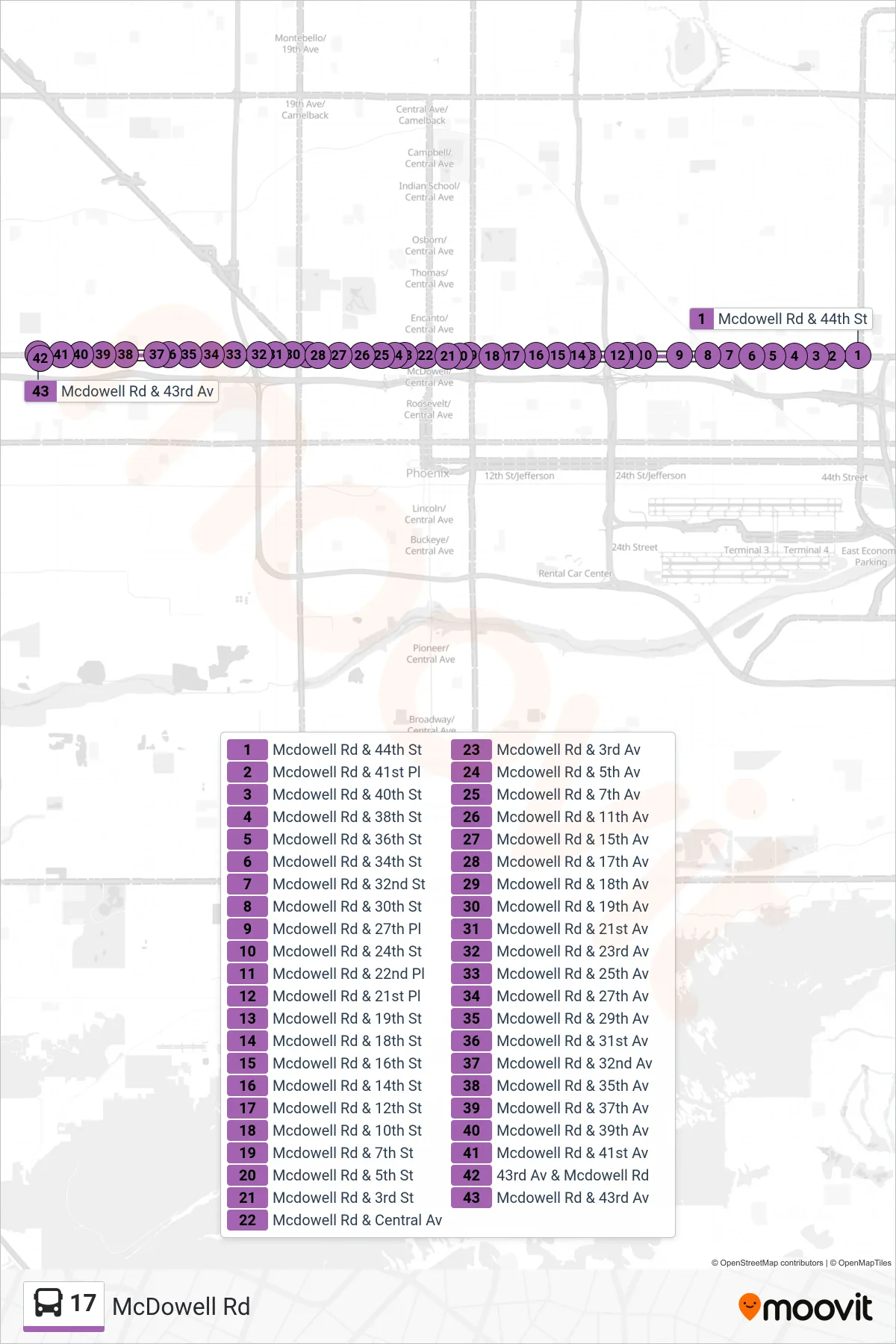 17 bus Line (43rd Ave+Mcdowell) route and stops on a map