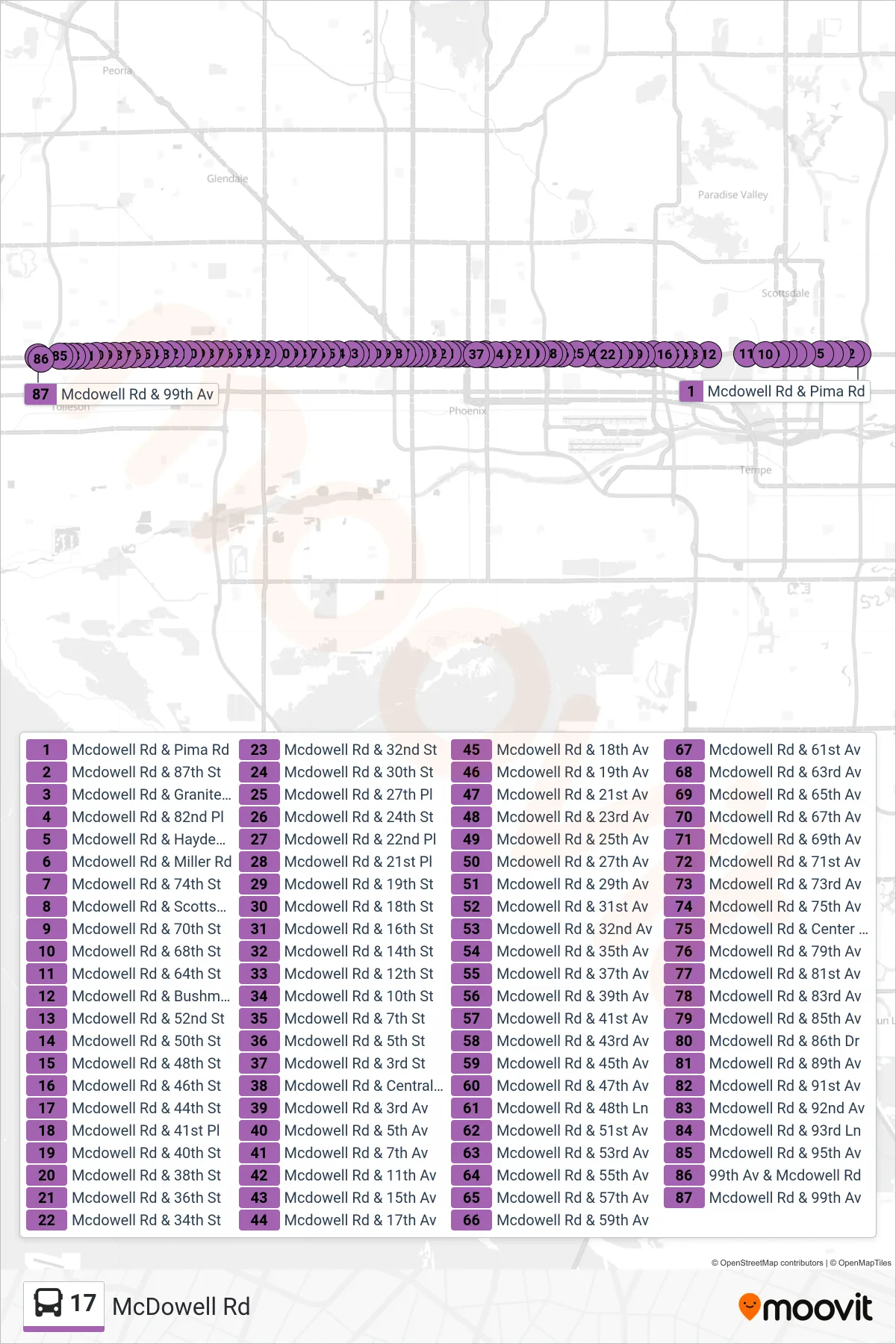 17 bus Line (99th Ave+Mcdowell) route and stops on a map
