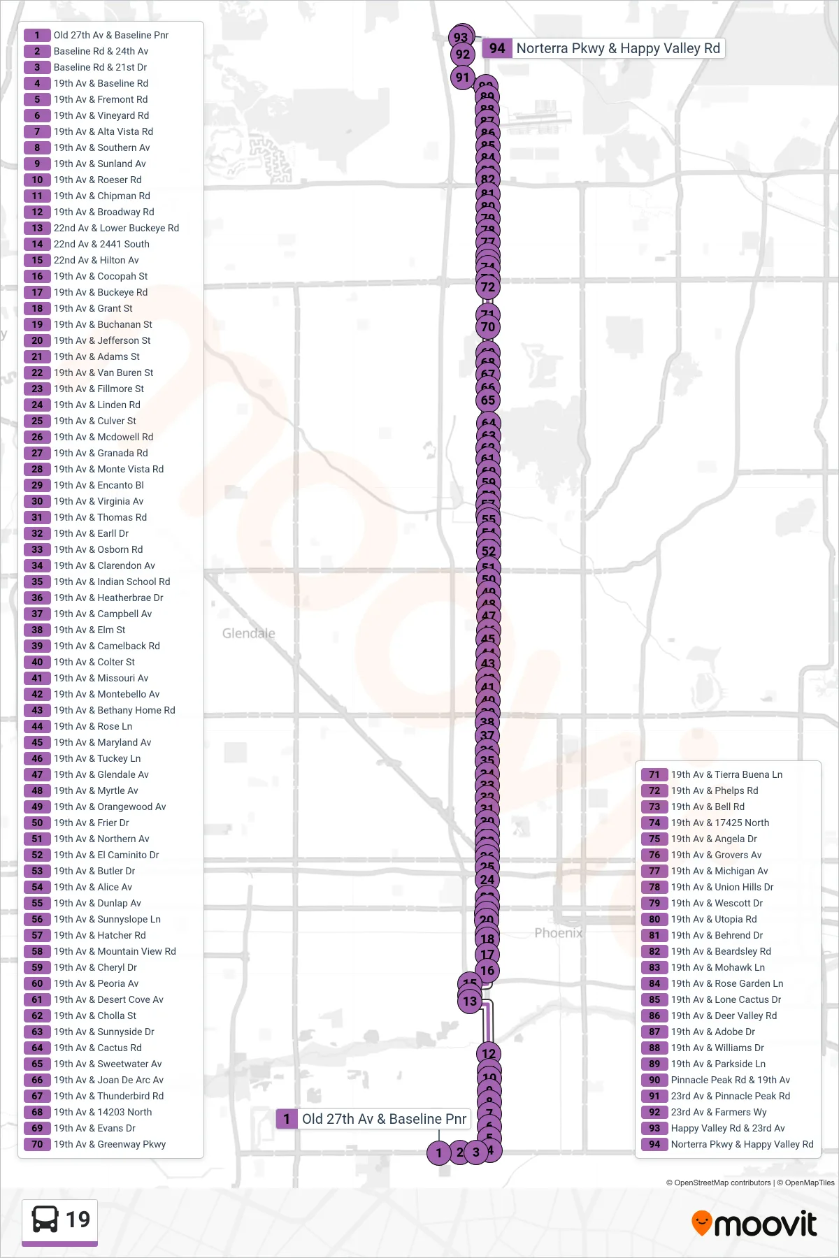 19 bus Line (Northbound) route and stops on a map