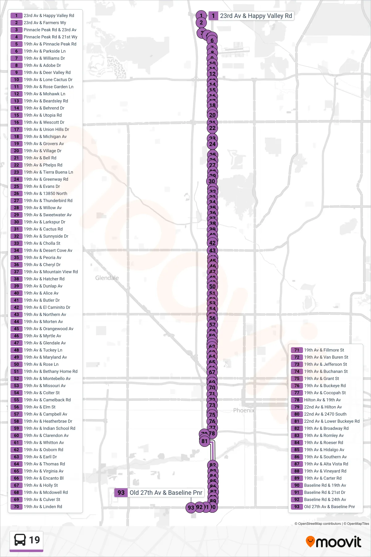 19 bus Line (Southbound) route and stops on a map
