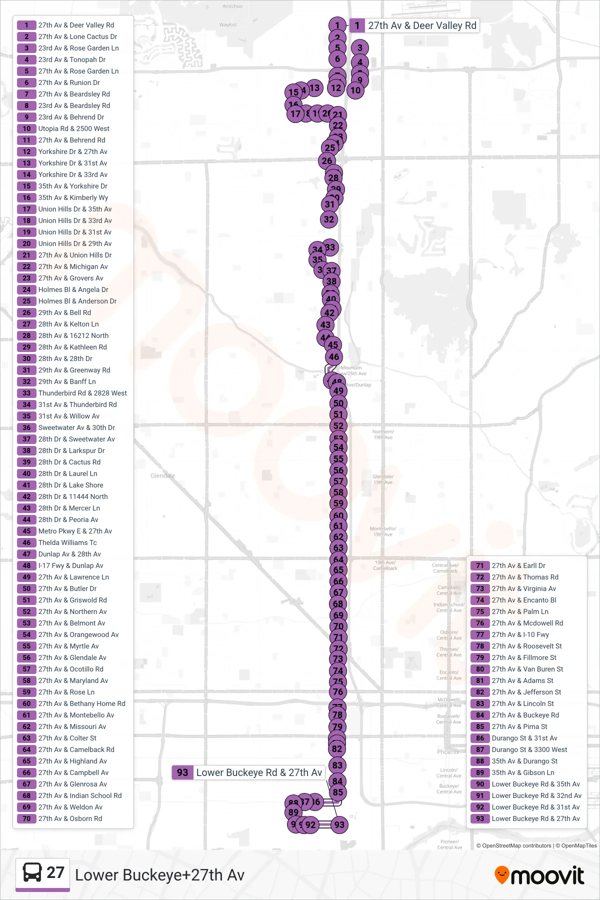 27 bus Line (Lower Buckeye+27th Av) route and stops on a map