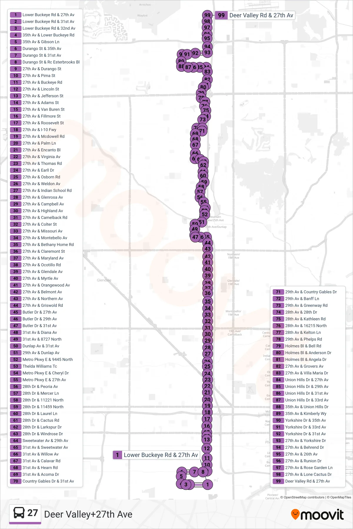 27 bus Line (Deer Valley+27th Ave) route and stops on a map