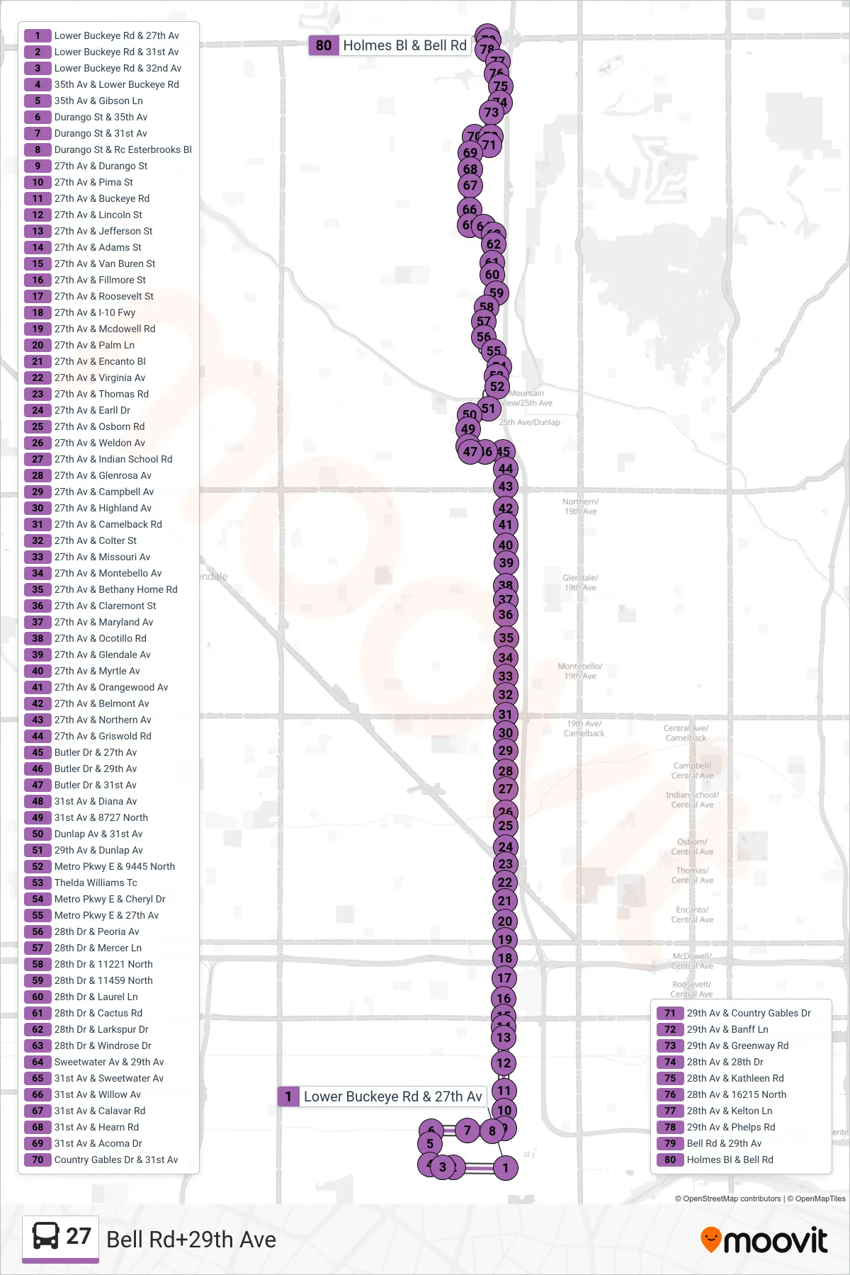 27 bus Line (Bell Rd+29th Ave) route and stops on a map