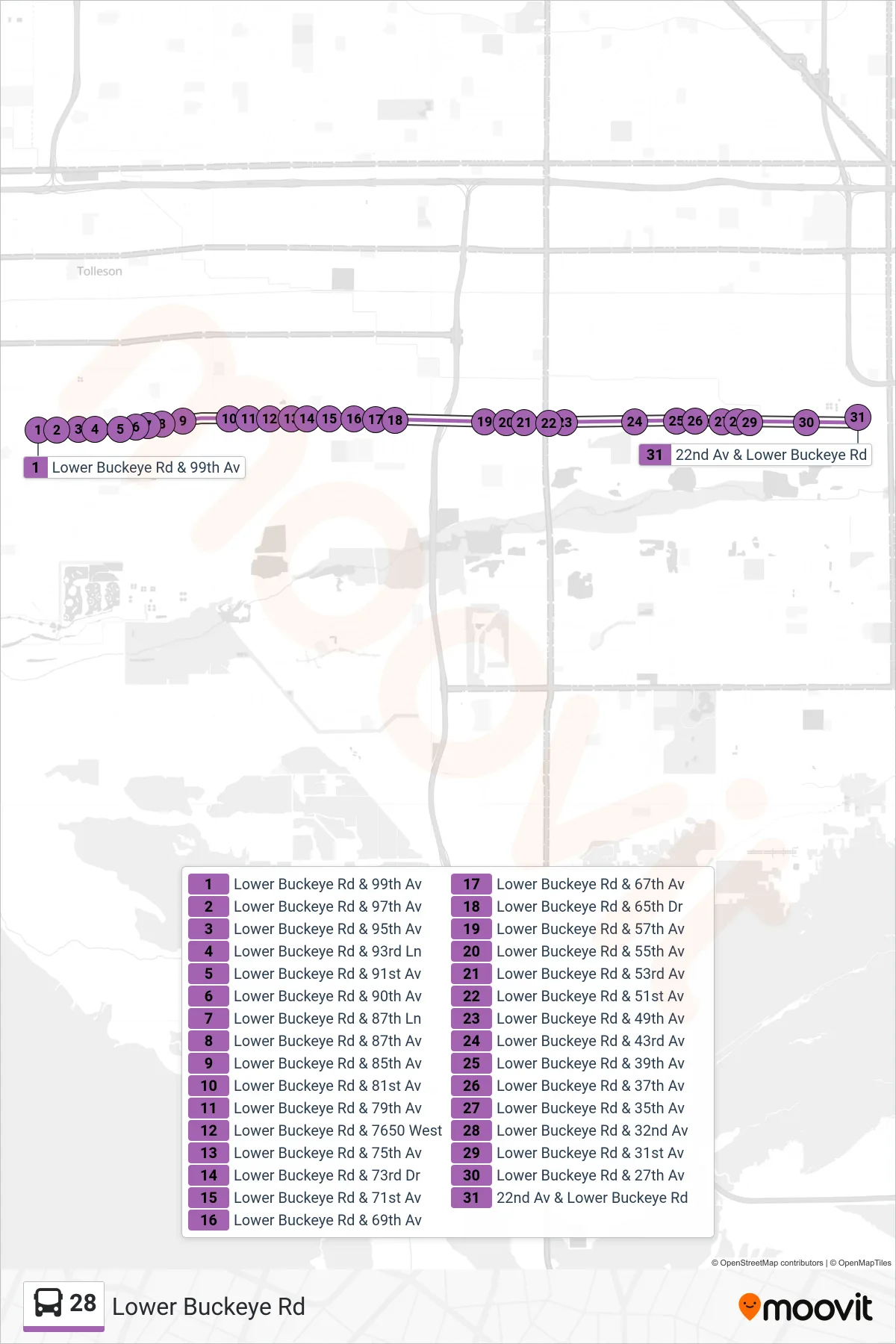 28 bus Line (22nd Av+Lower Bckeye) route and stops on a map