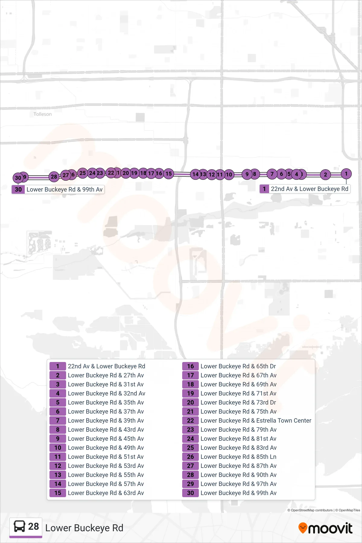 28 bus Line (99th Av+Lower Bckeye) route and stops on a map