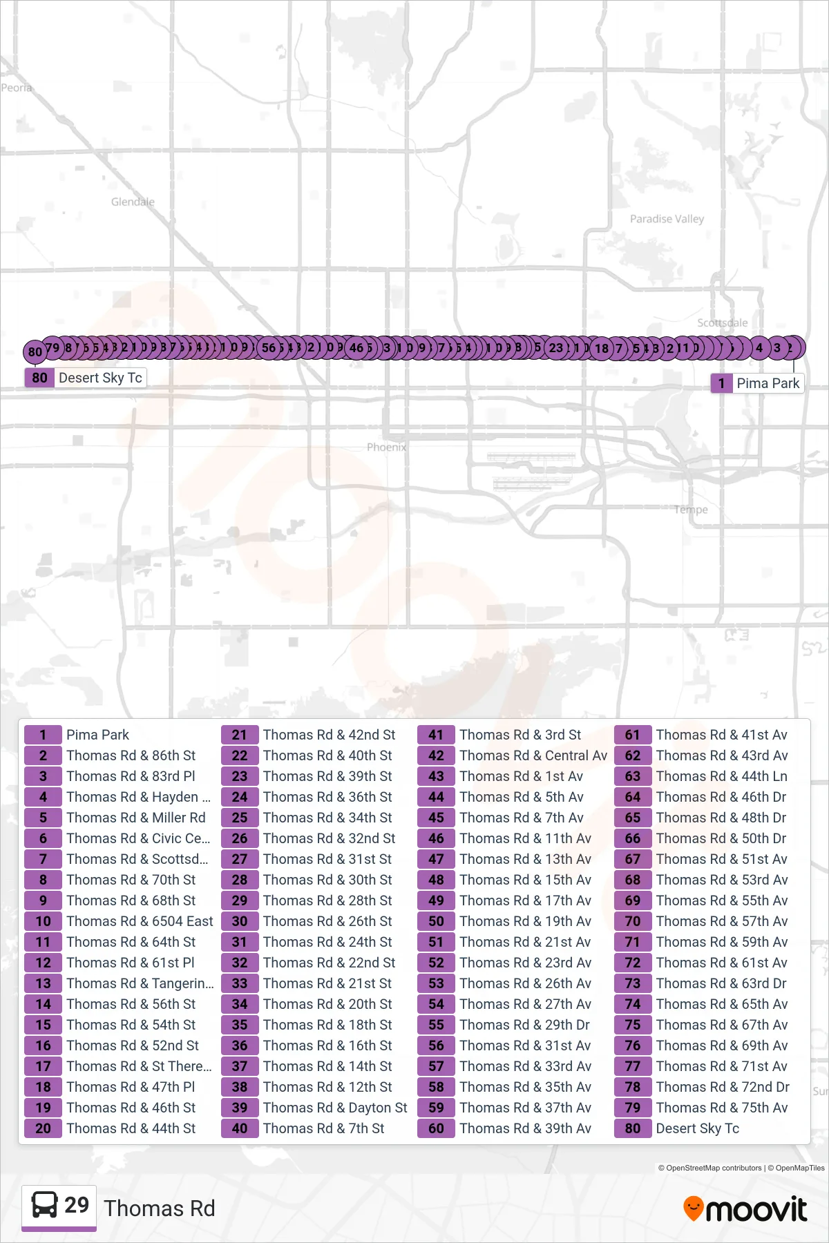 29 bus Line (Desert Sky Tc) route and stops on a map