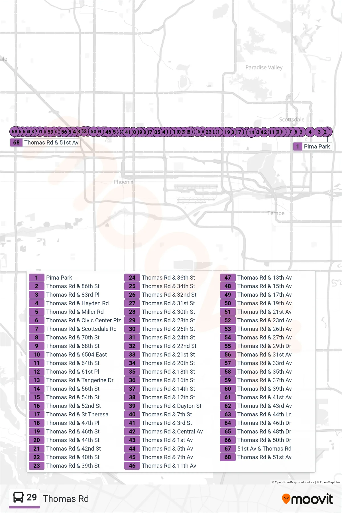 29 bus Line (51st Ave+Thomas Rd) route and stops on a map