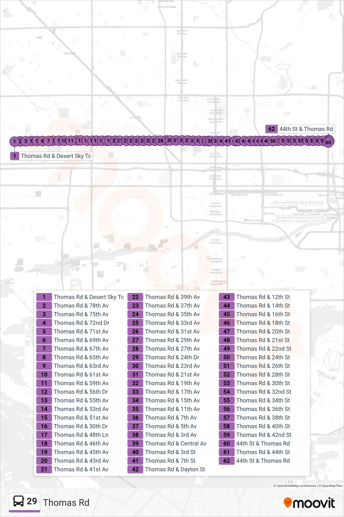 29 bus Line (44th St+Thomas Rd) route and stops on a map