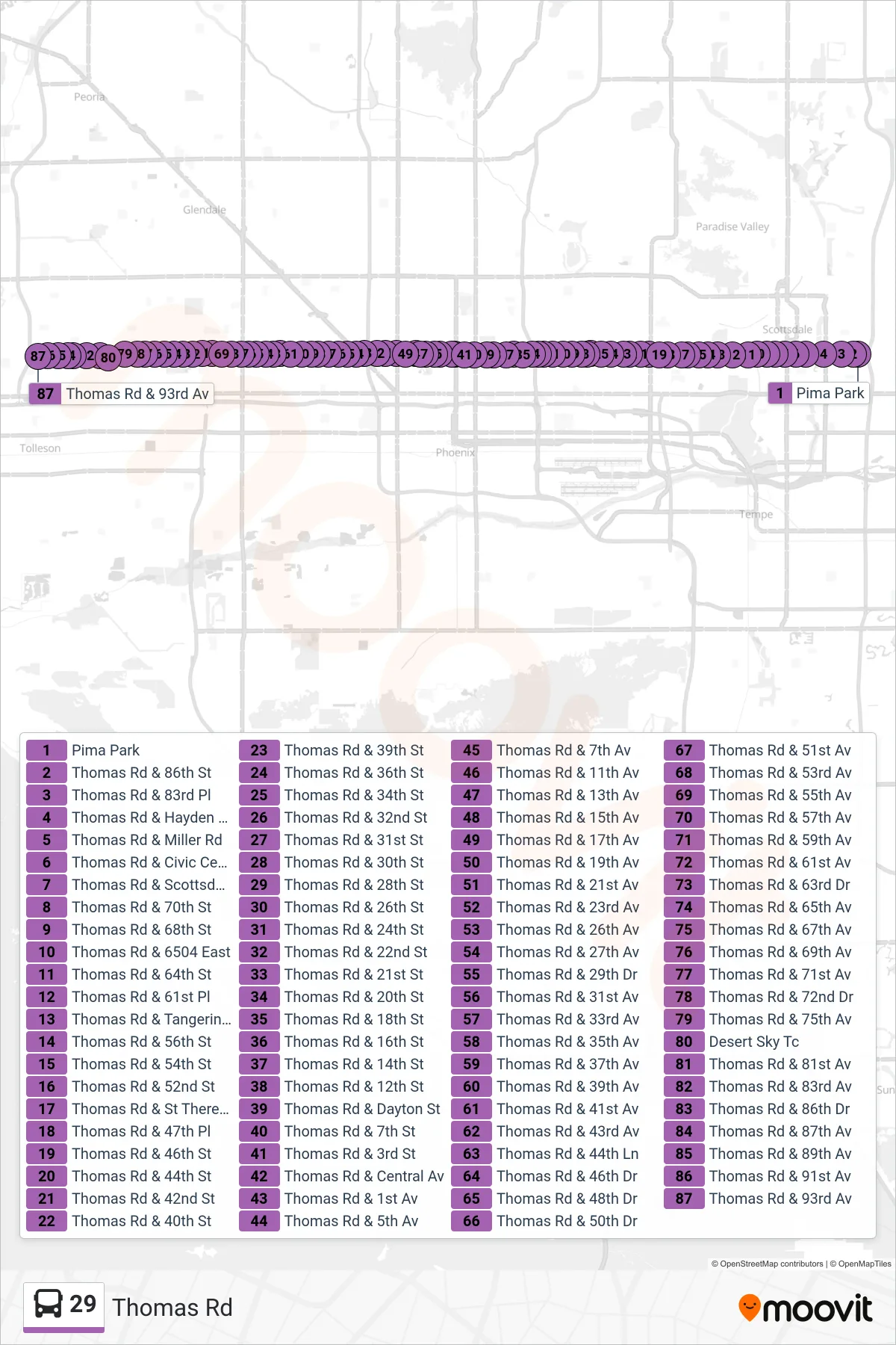 29 bus Line (93rd Ave+Thomas) route and stops on a map