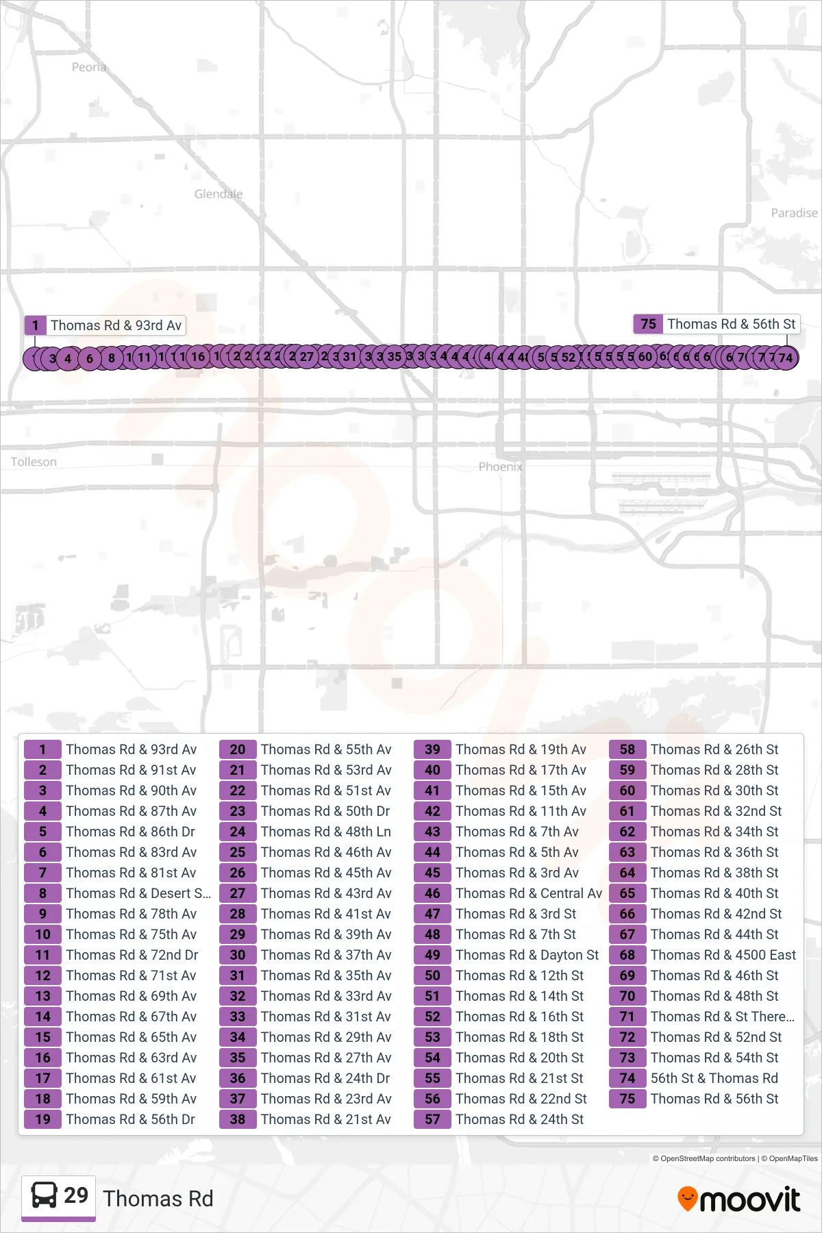 29 bus Line (56th St+Thomas) route and stops on a map