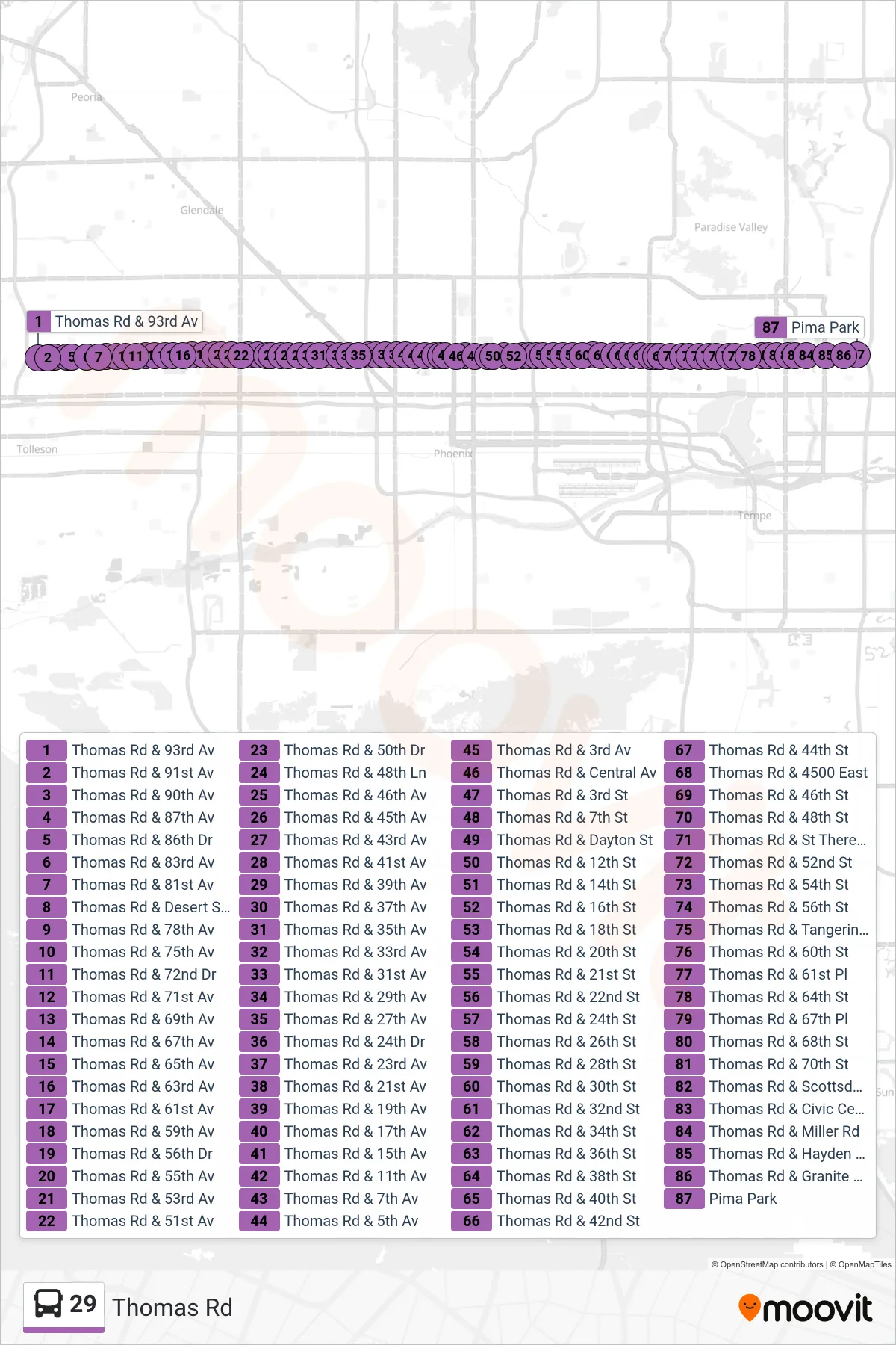 29 bus Line (Pima Park) route and stops on a map