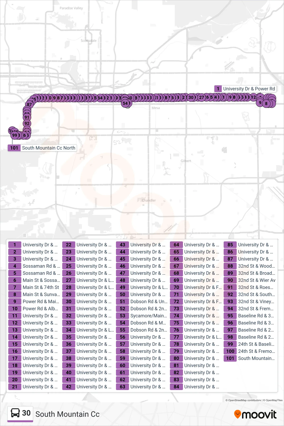 30 bus Line (South Mountain Cc) route and stops on a map