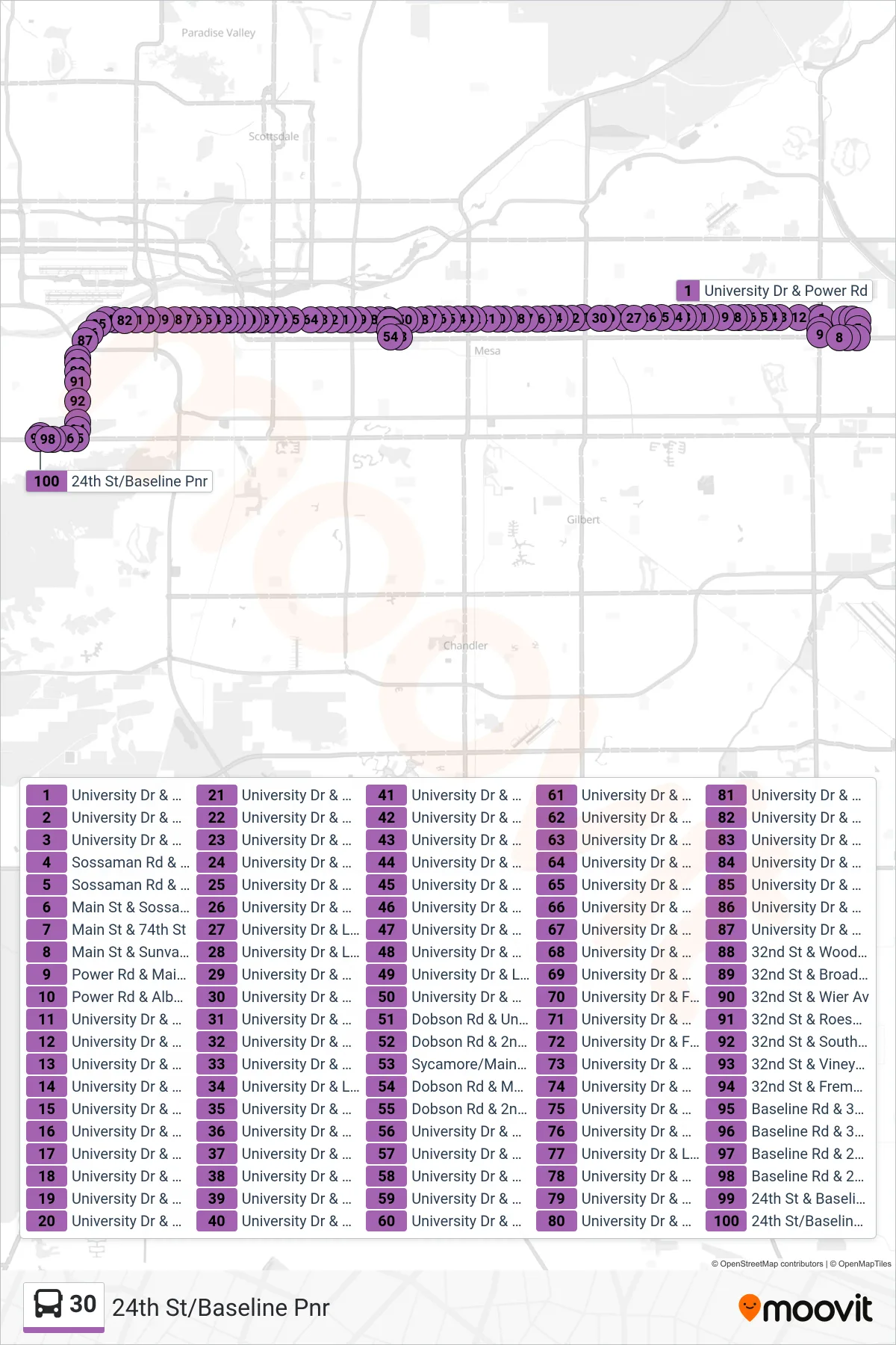 30 bus Line (24th St/Baseline Pnr) route and stops on a map