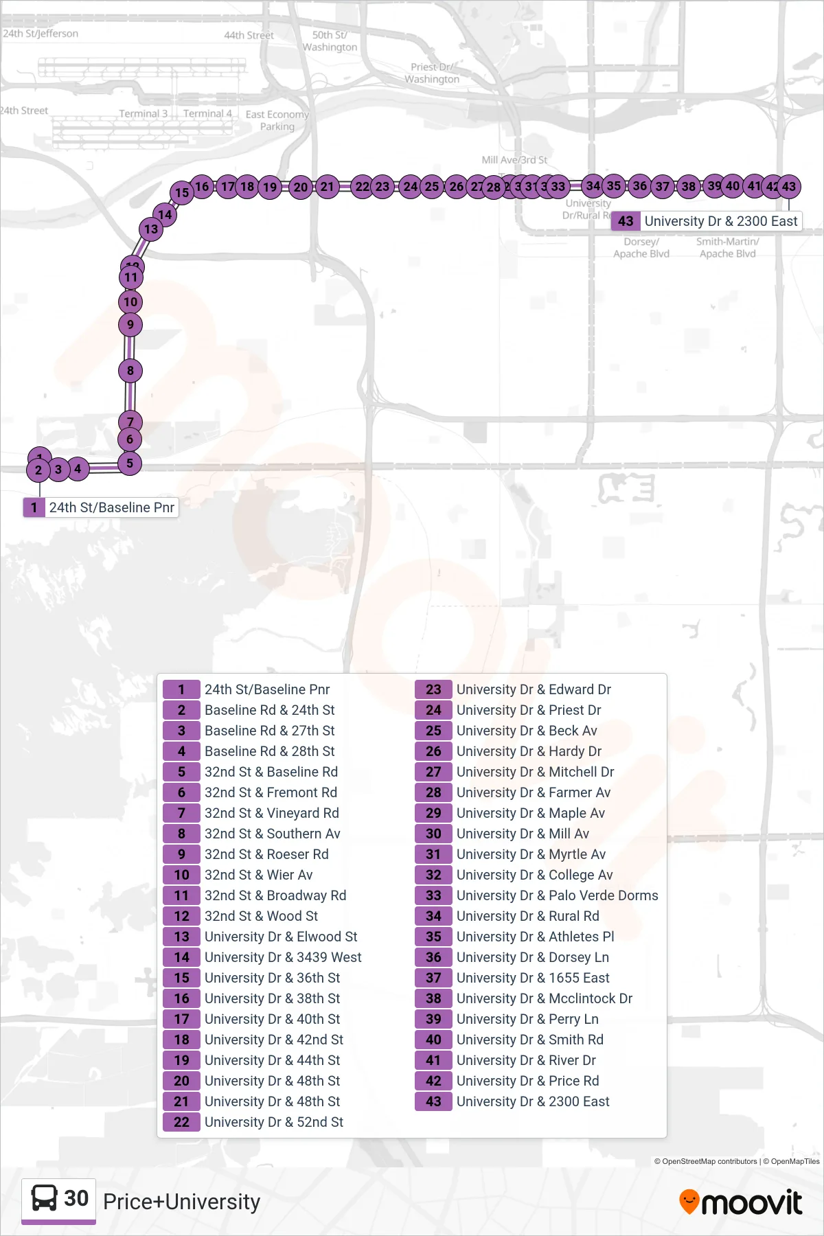 30 bus Line (Price+University) route and stops on a map