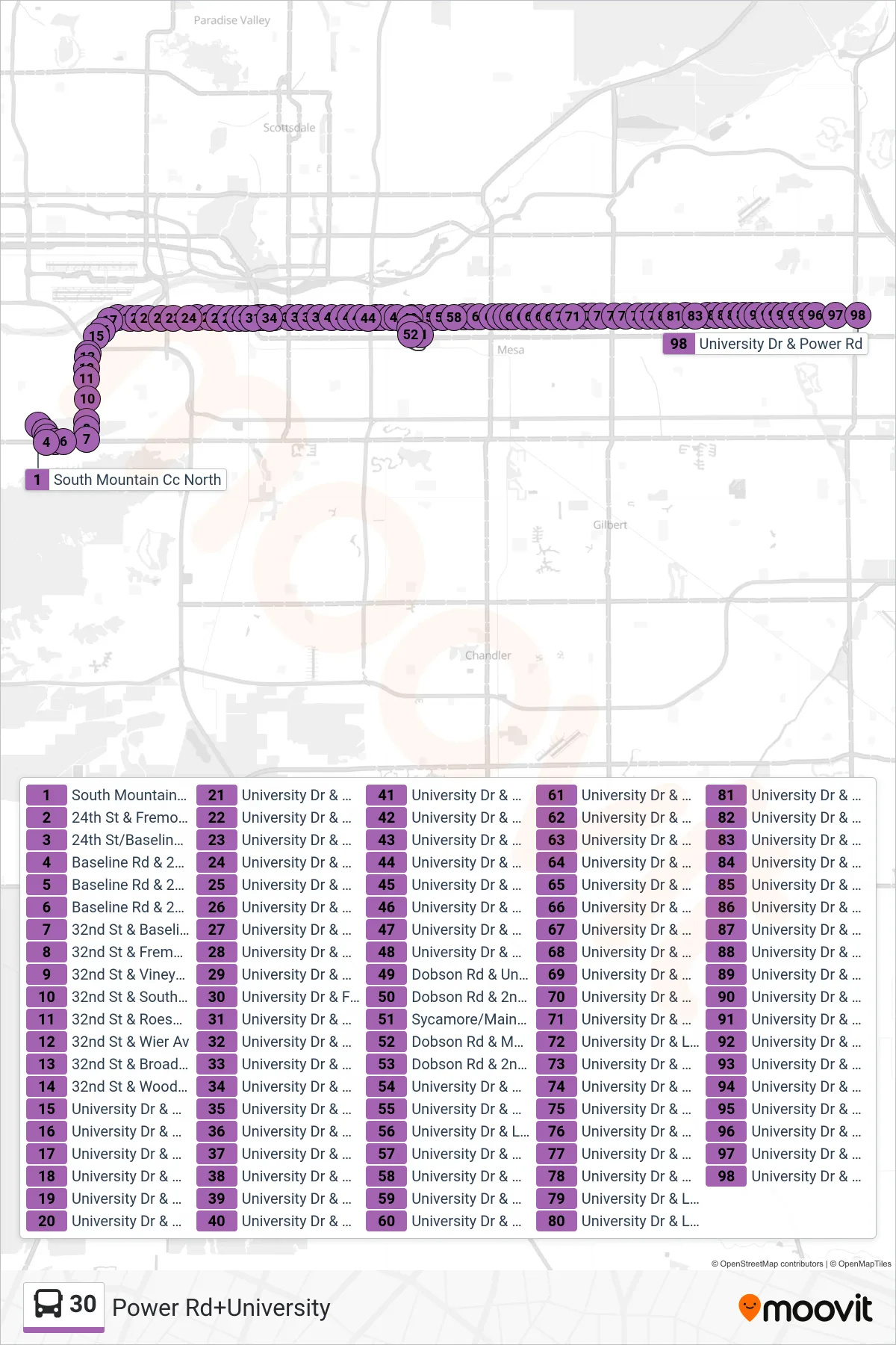 30 bus Line (Power Rd+University) route and stops on a map