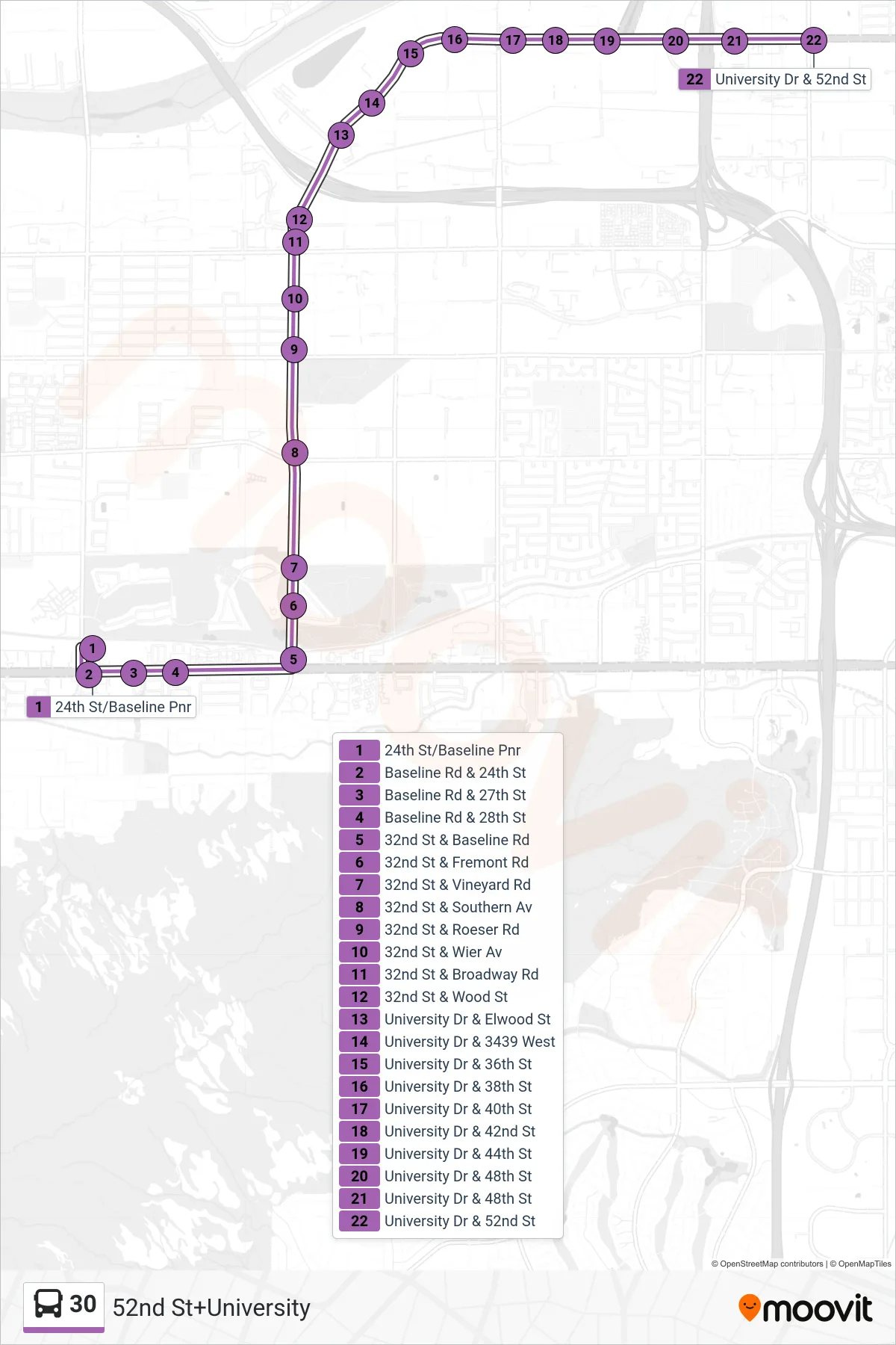 30 bus Line (52nd St+University) route and stops on a map