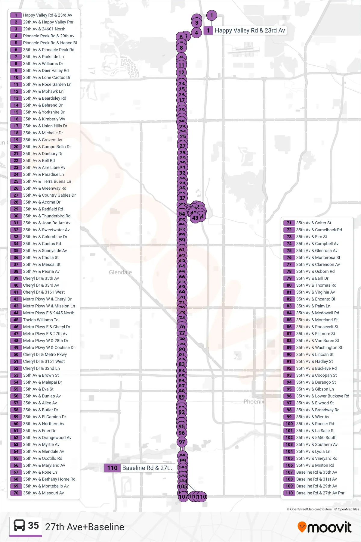 35 bus Line (27th Ave+Baseline) route and stops on a map