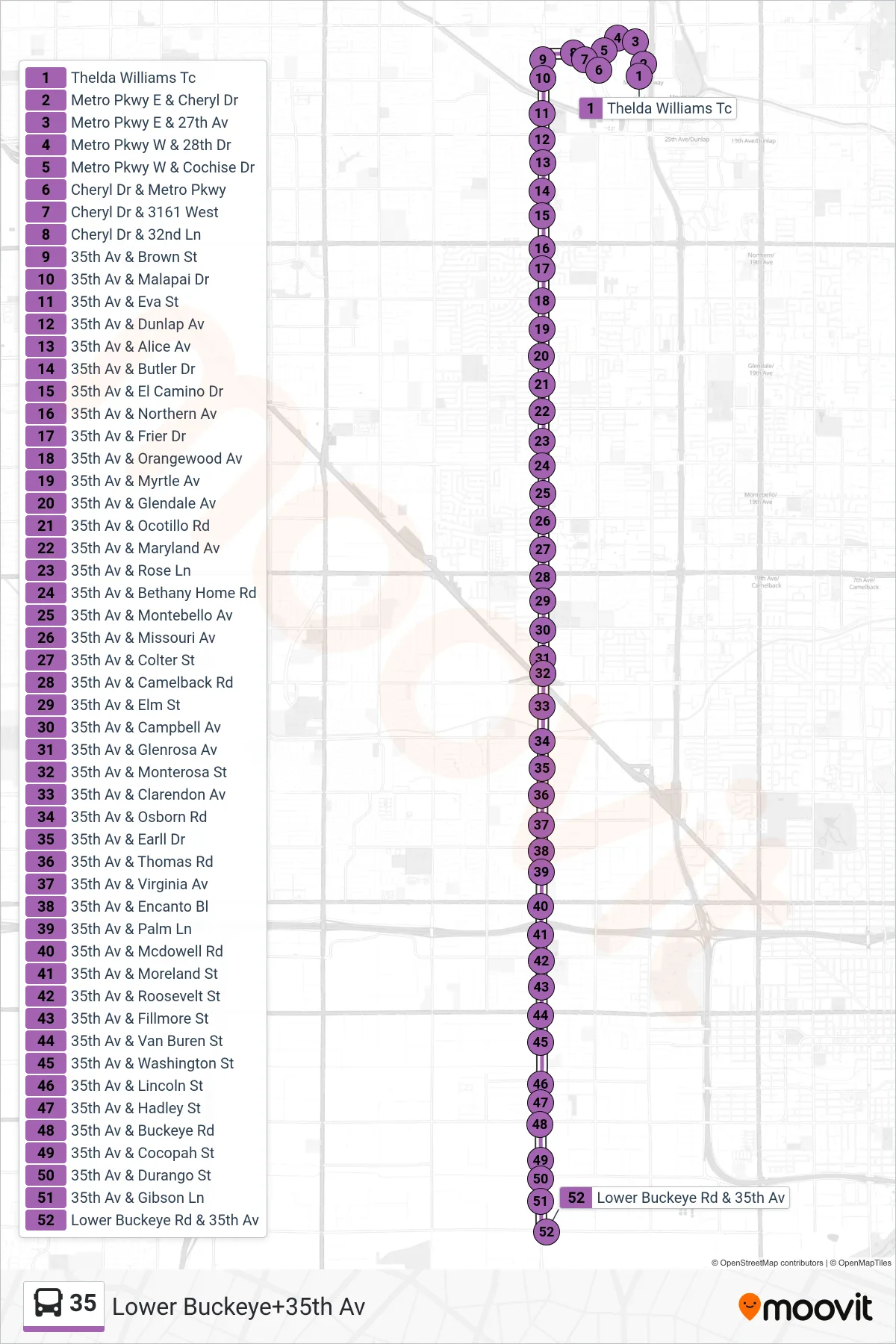 35 bus Line (Lower Buckeye+35th Av) route and stops on a map