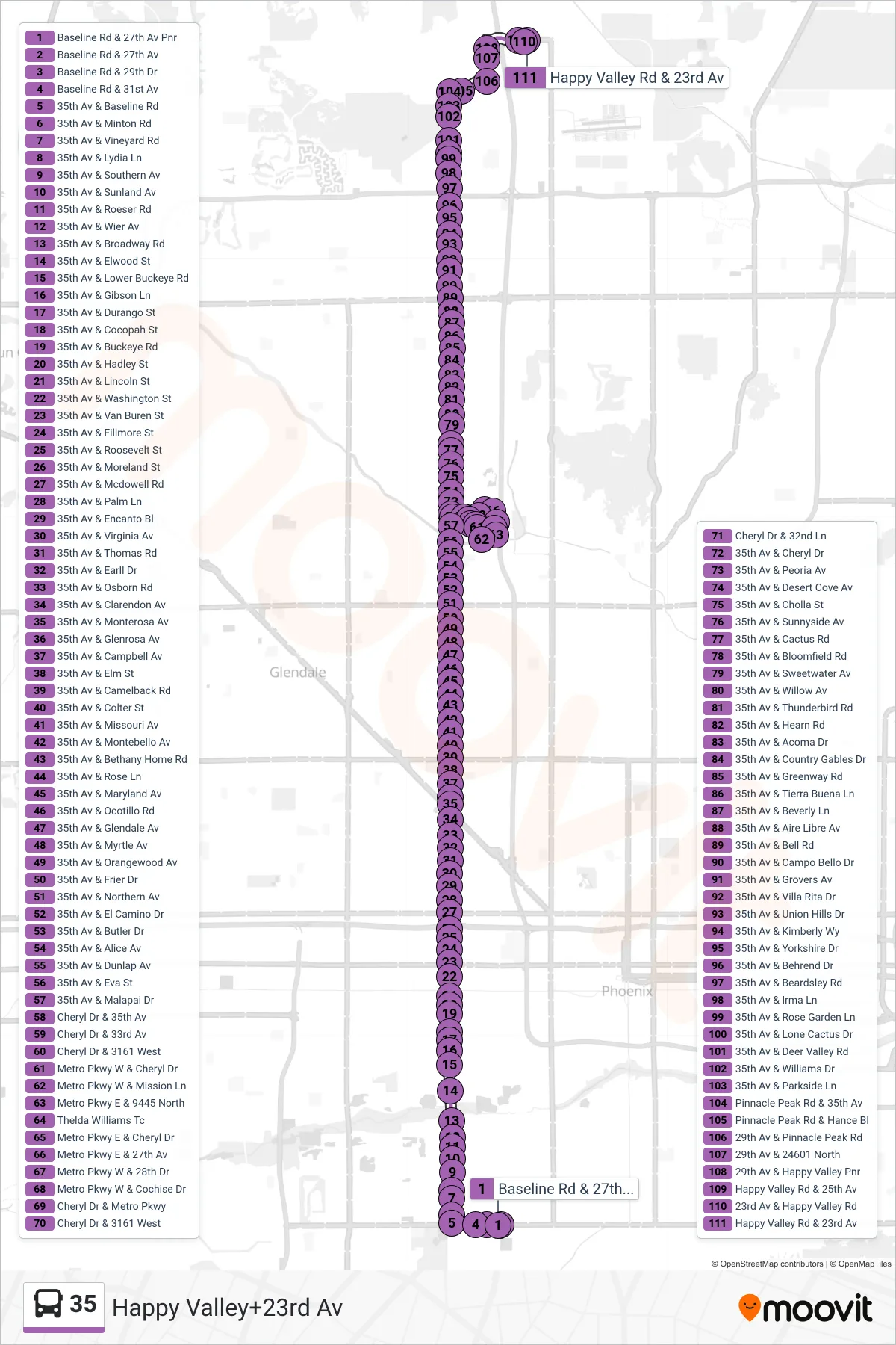 35 bus Line (Happy Valley+23rd Av) route and stops on a map