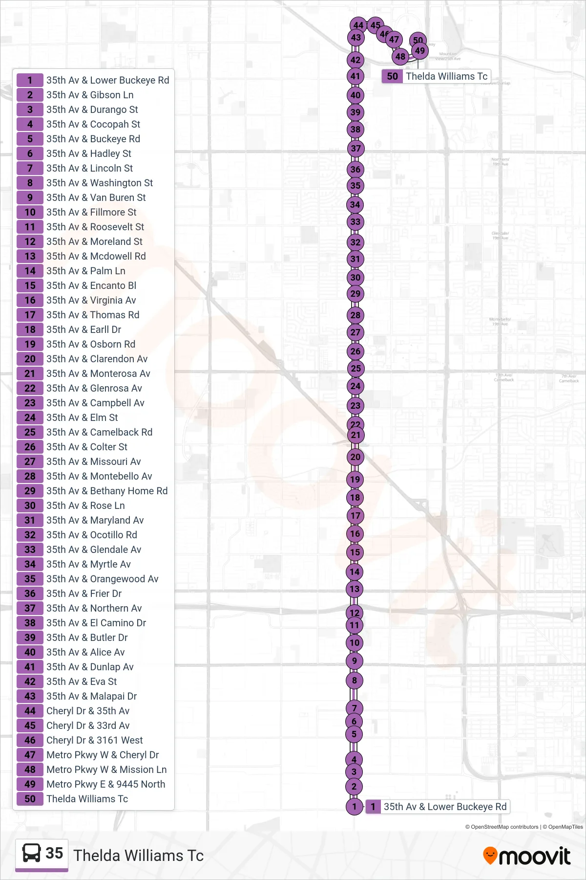 35 bus Line (Thelda Williams Tc) route and stops on a map