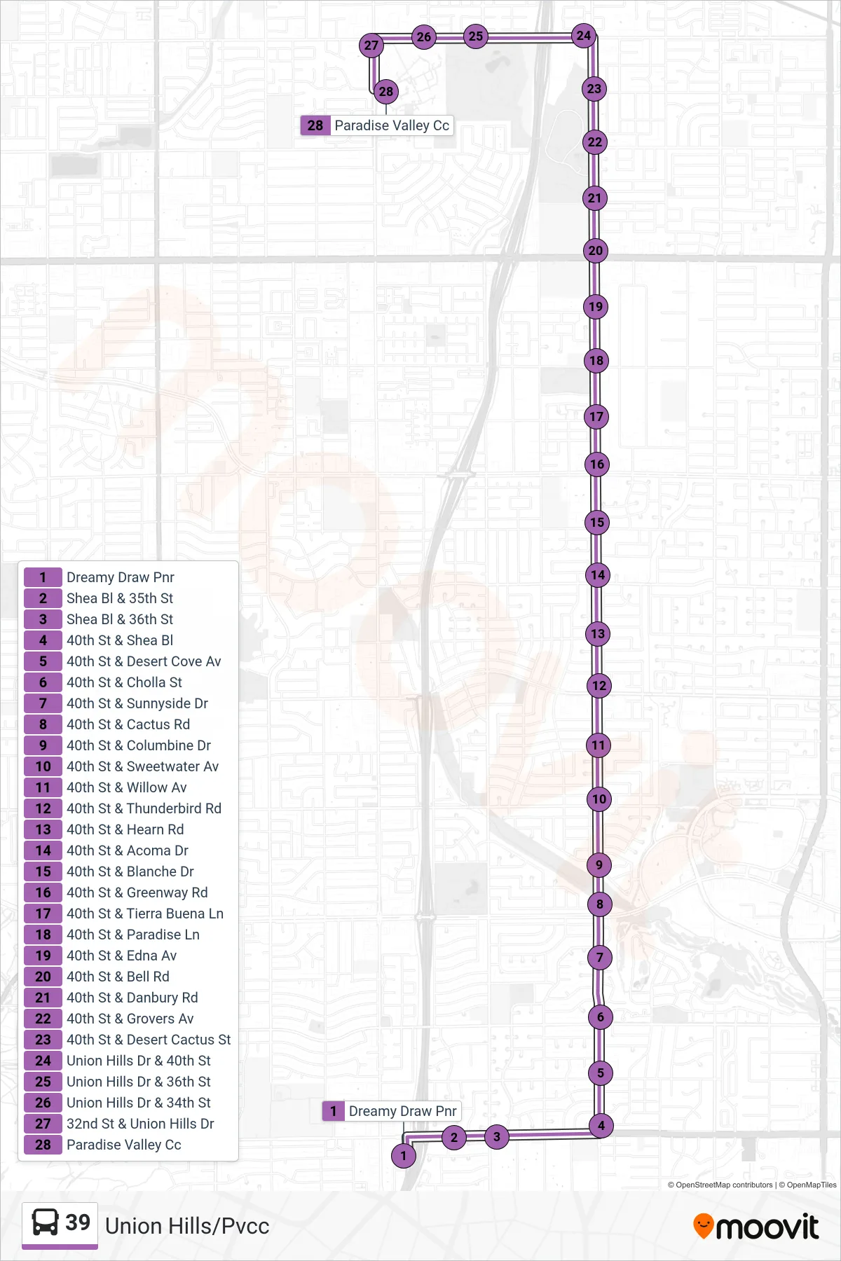 39 bus Line (Union Hills/Pvcc) route and stops on a map