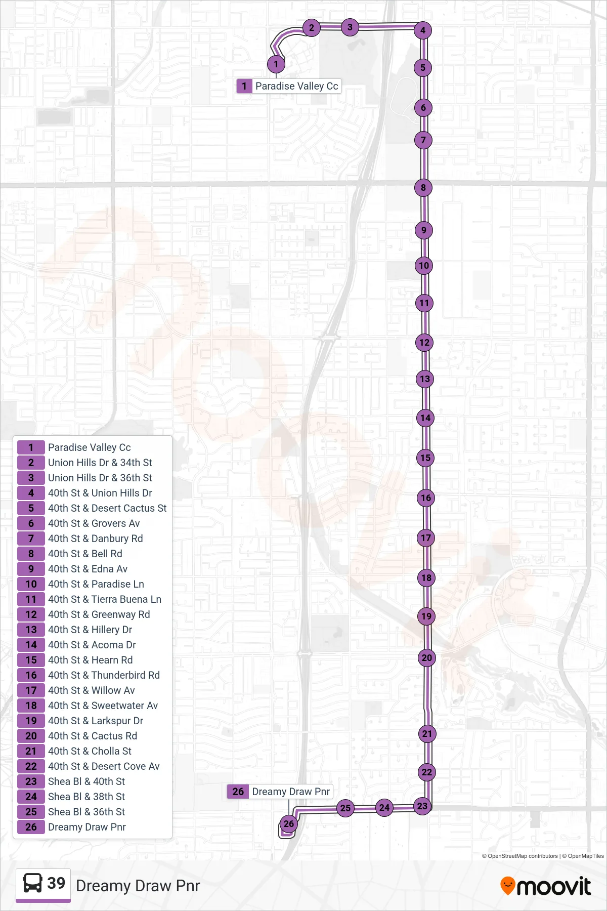 39 bus Line (Dreamy Draw Pnr) route and stops on a map