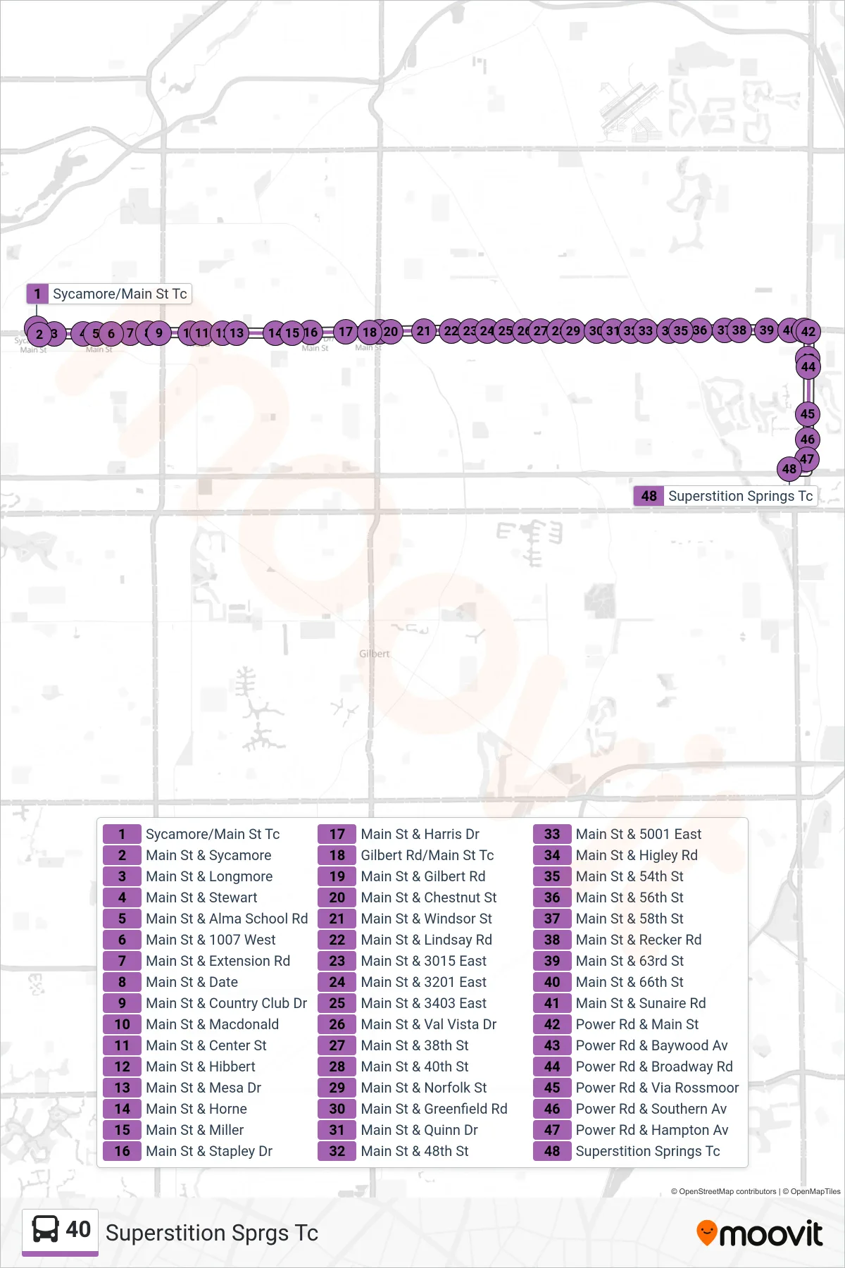 40 bus Line (Superstition Sprgs Tc) route and stops on a map