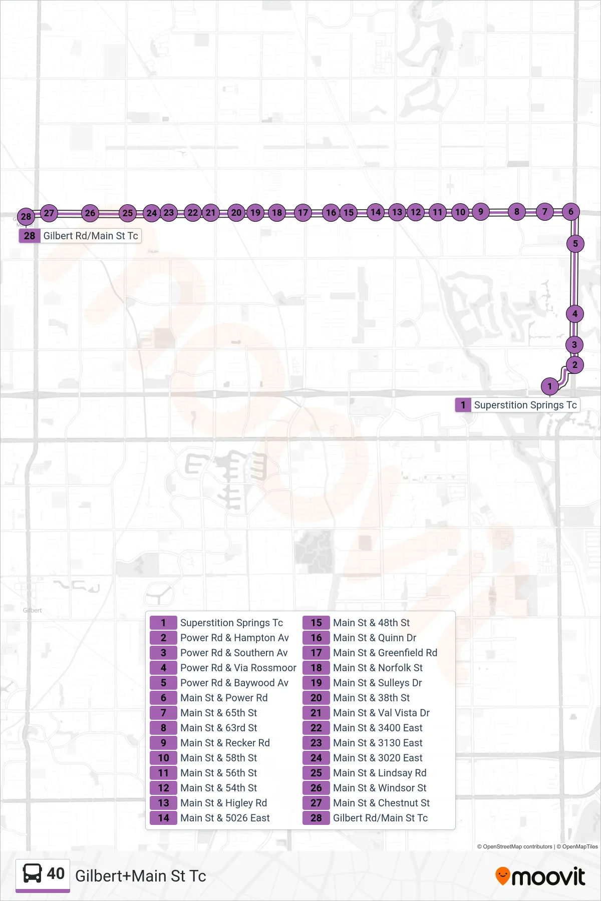 40 bus Line (Gilbert+Main St Tc) route and stops on a map
